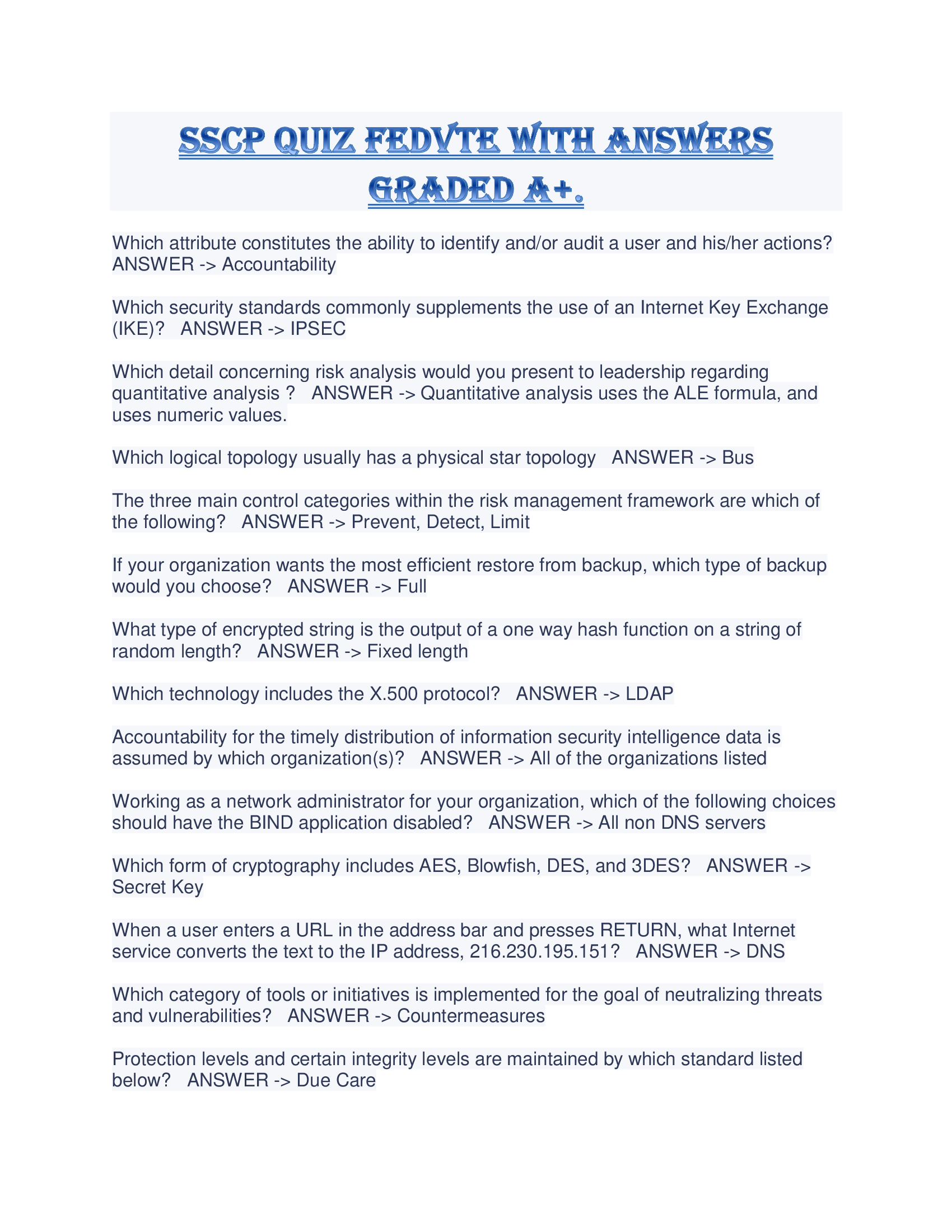 SSCP quiz FEDVTE With Answers Graded A+.