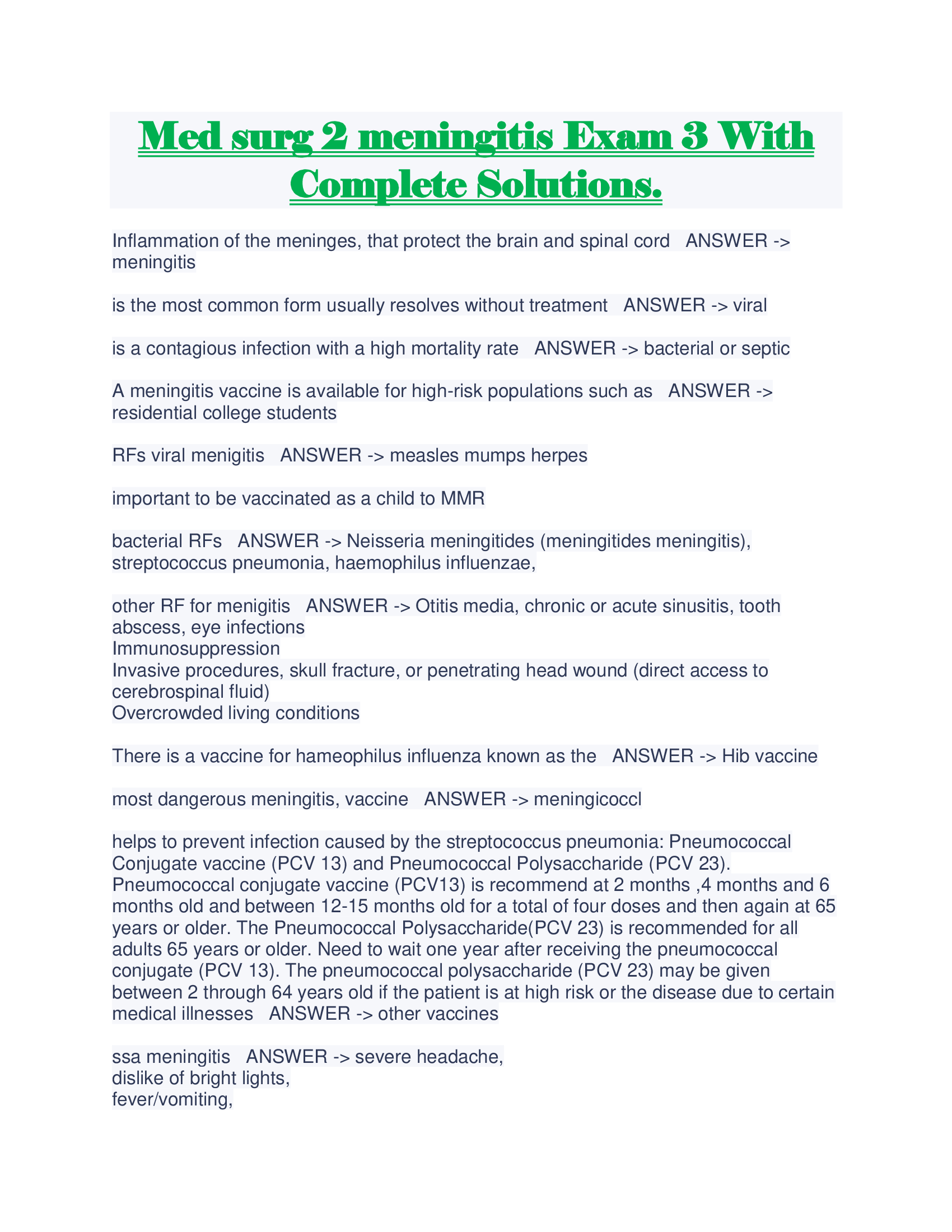 Med surg 2 meningitis Exam 3 With Complete Solutions.