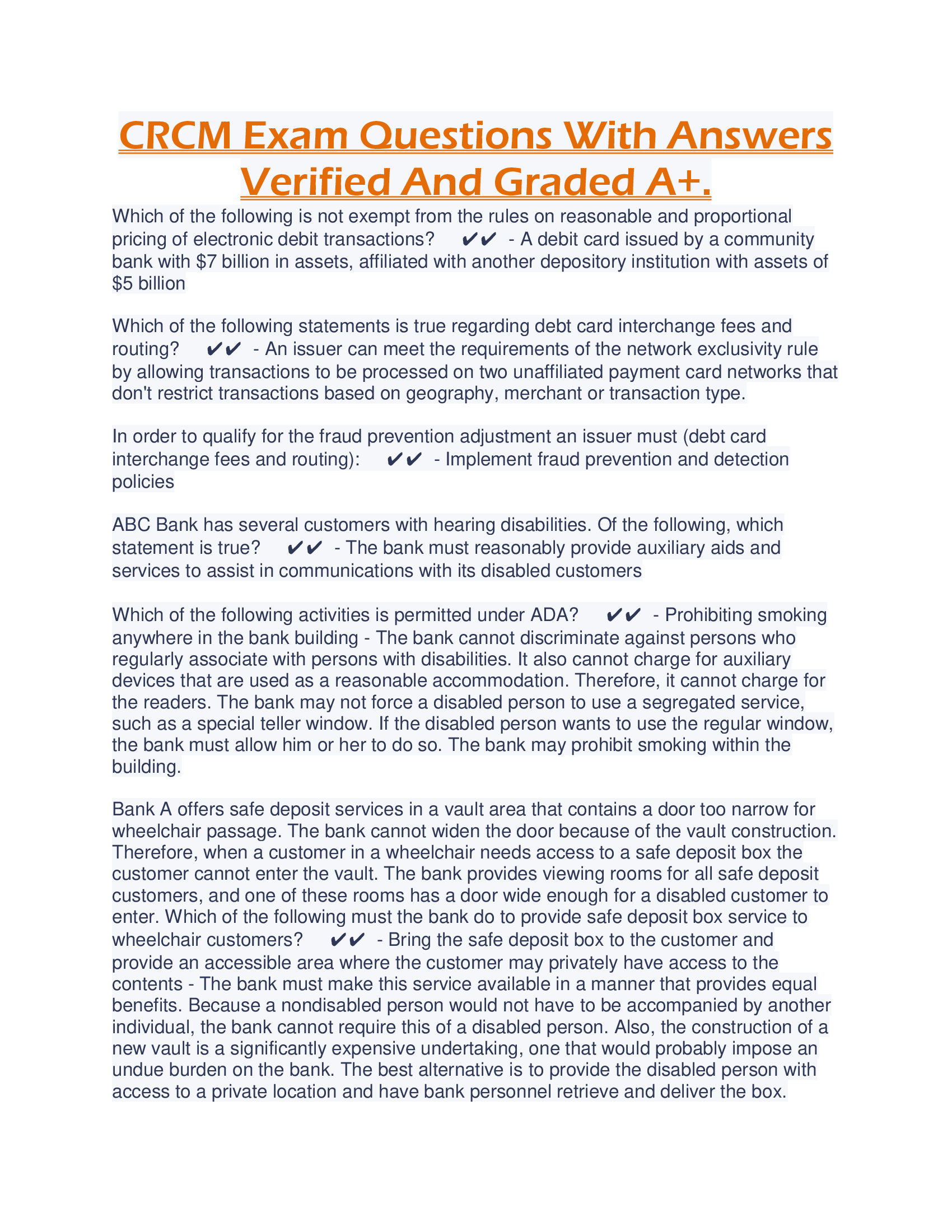 CRCM Exam Questions With Answers Verified And Graded A+.