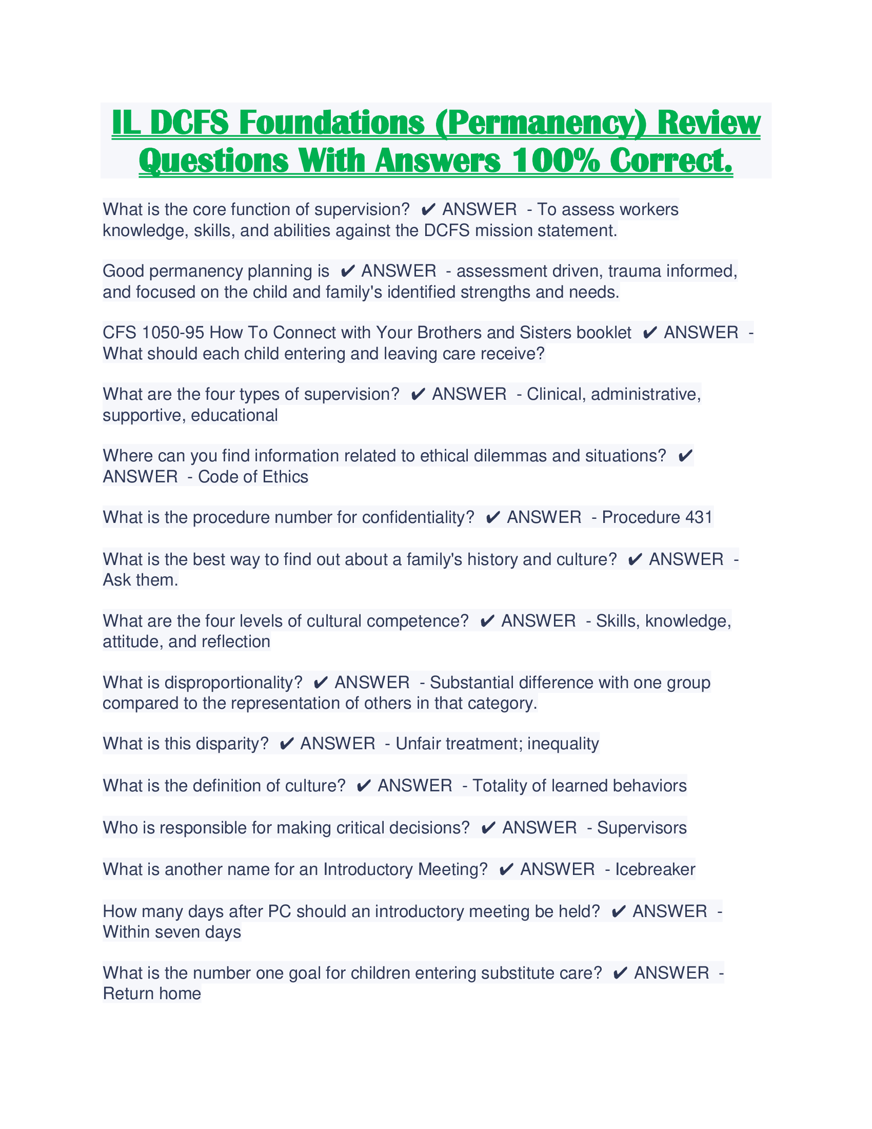 IL DCFS Foundations (Permanency) Review Questions With Answers 100% Correct.