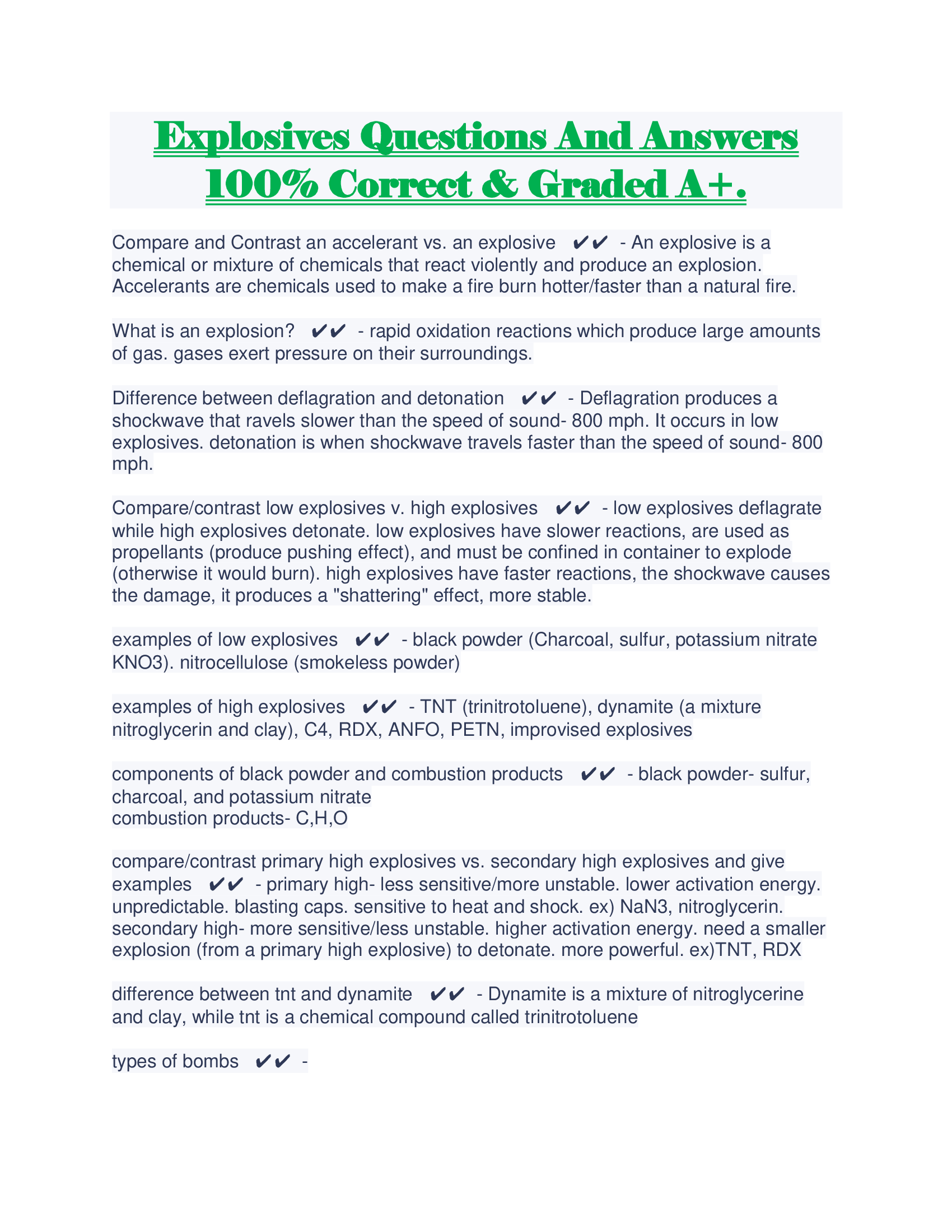 Explosives Questions And Answers 100 Percent Correct & Graded A+.