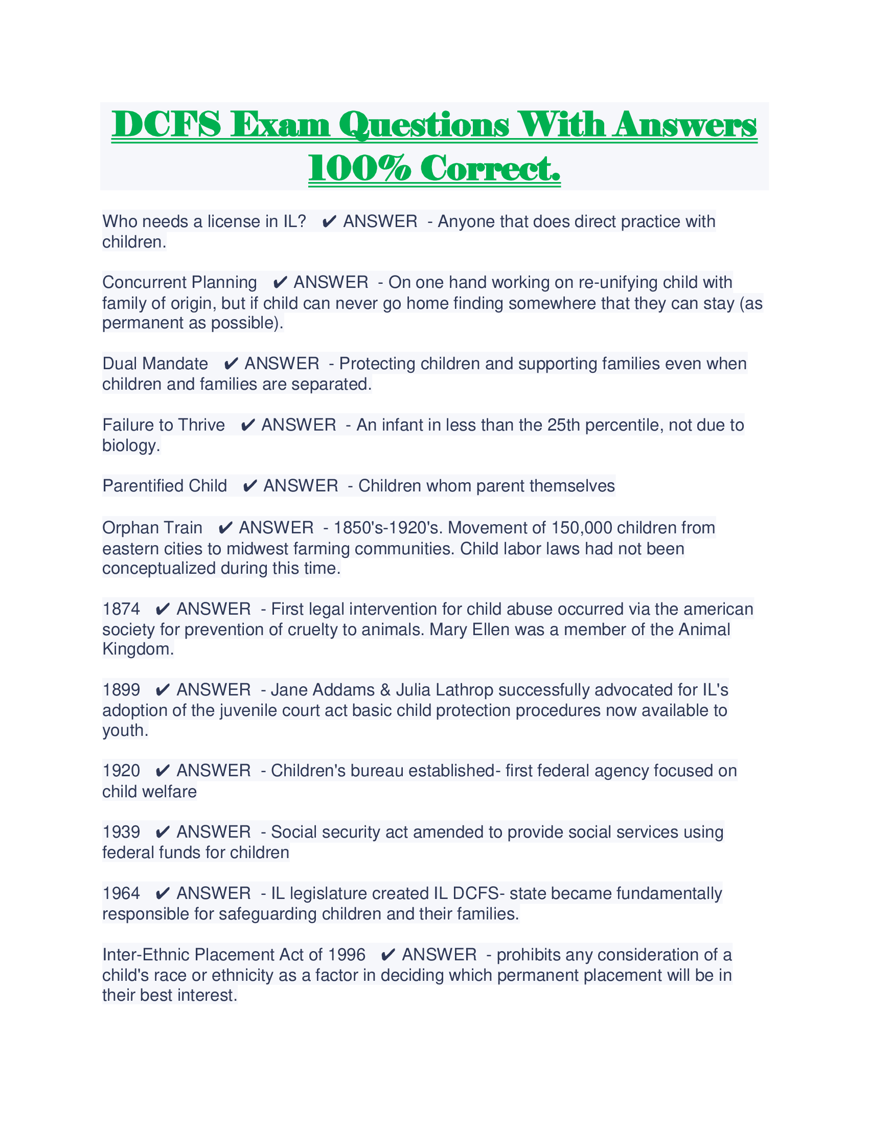 DCFS Exam Questions With Answers 100 Percent Correct.