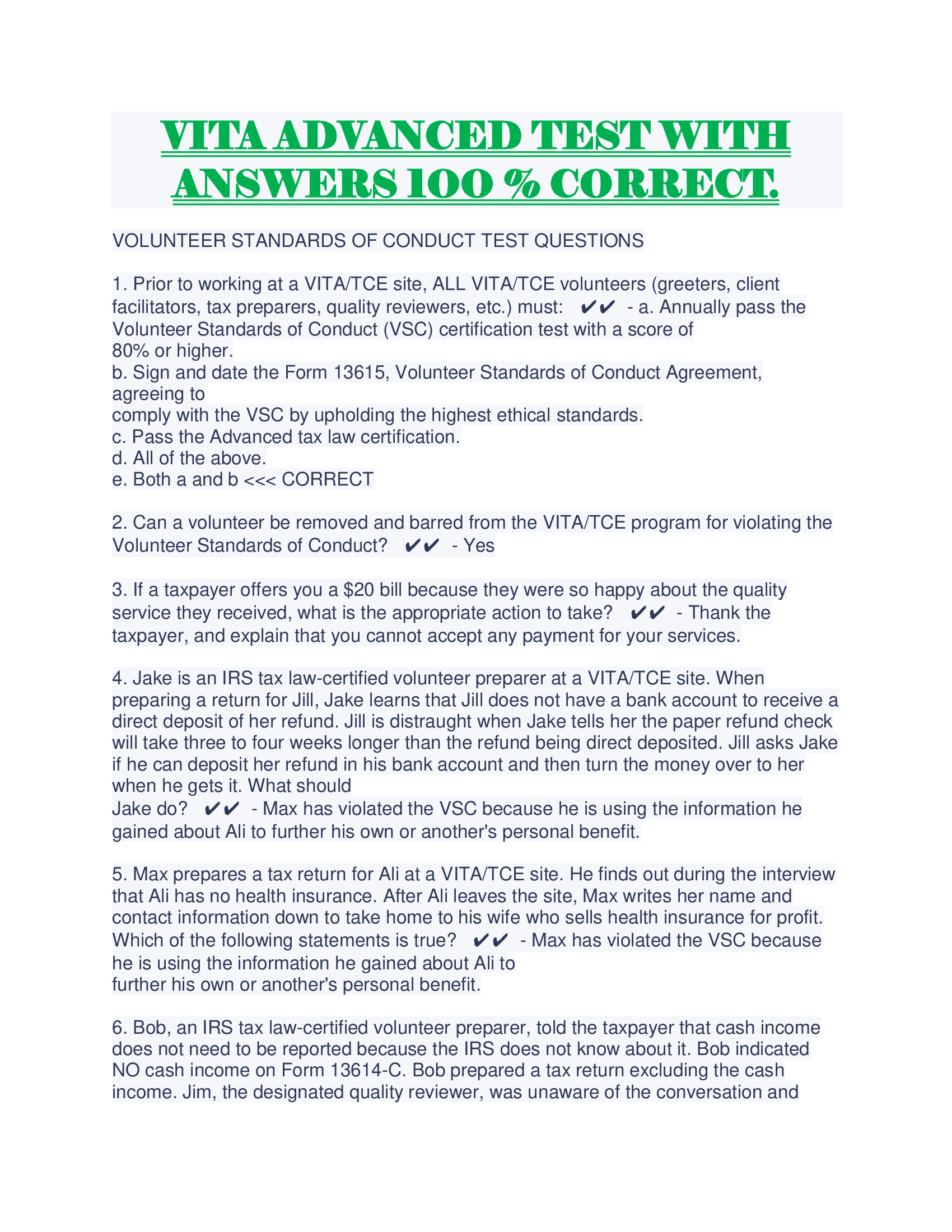 VITA ADVANCED TEST WITH ANSWERS 1OO Percent CORRECT.