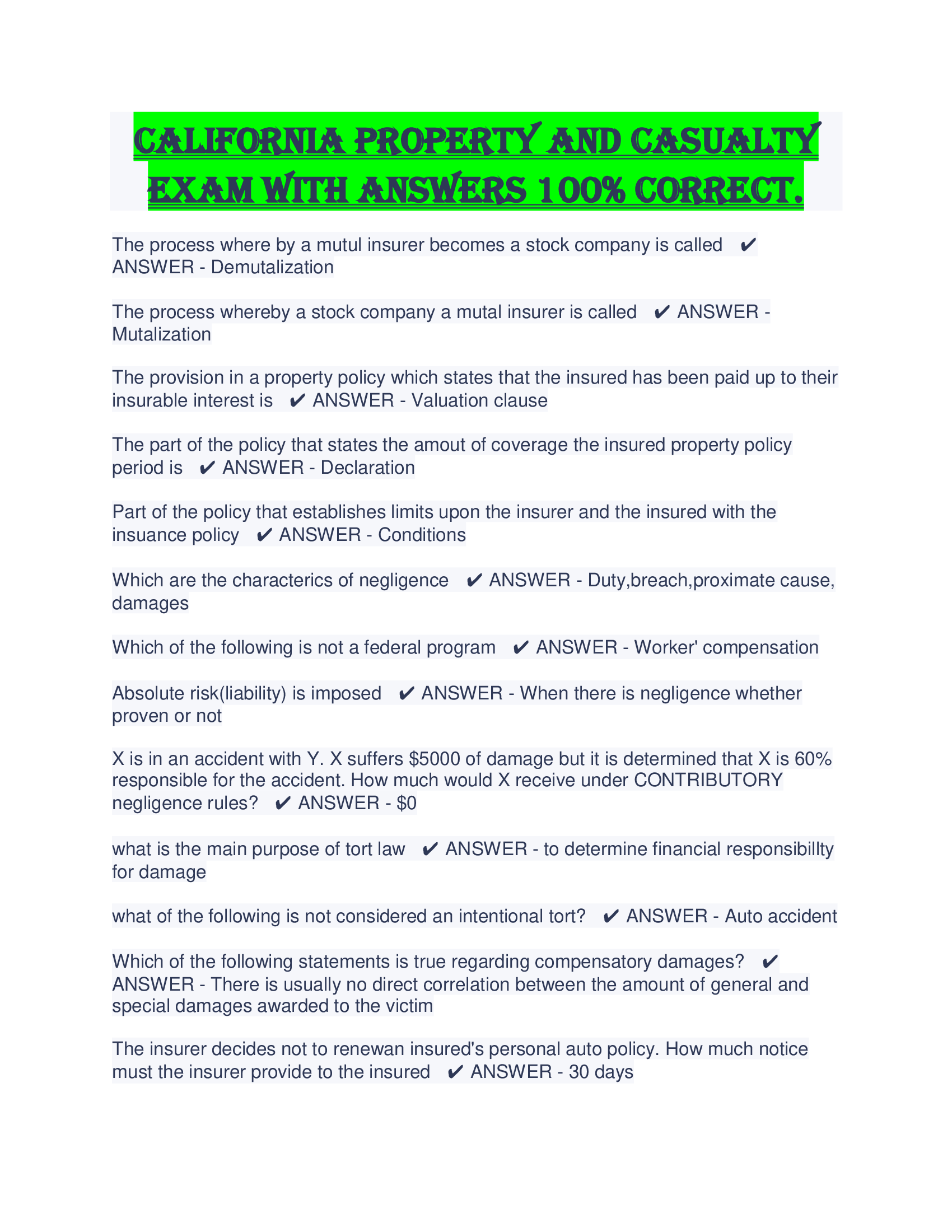 california property and casualty exam with answers 100% correct.