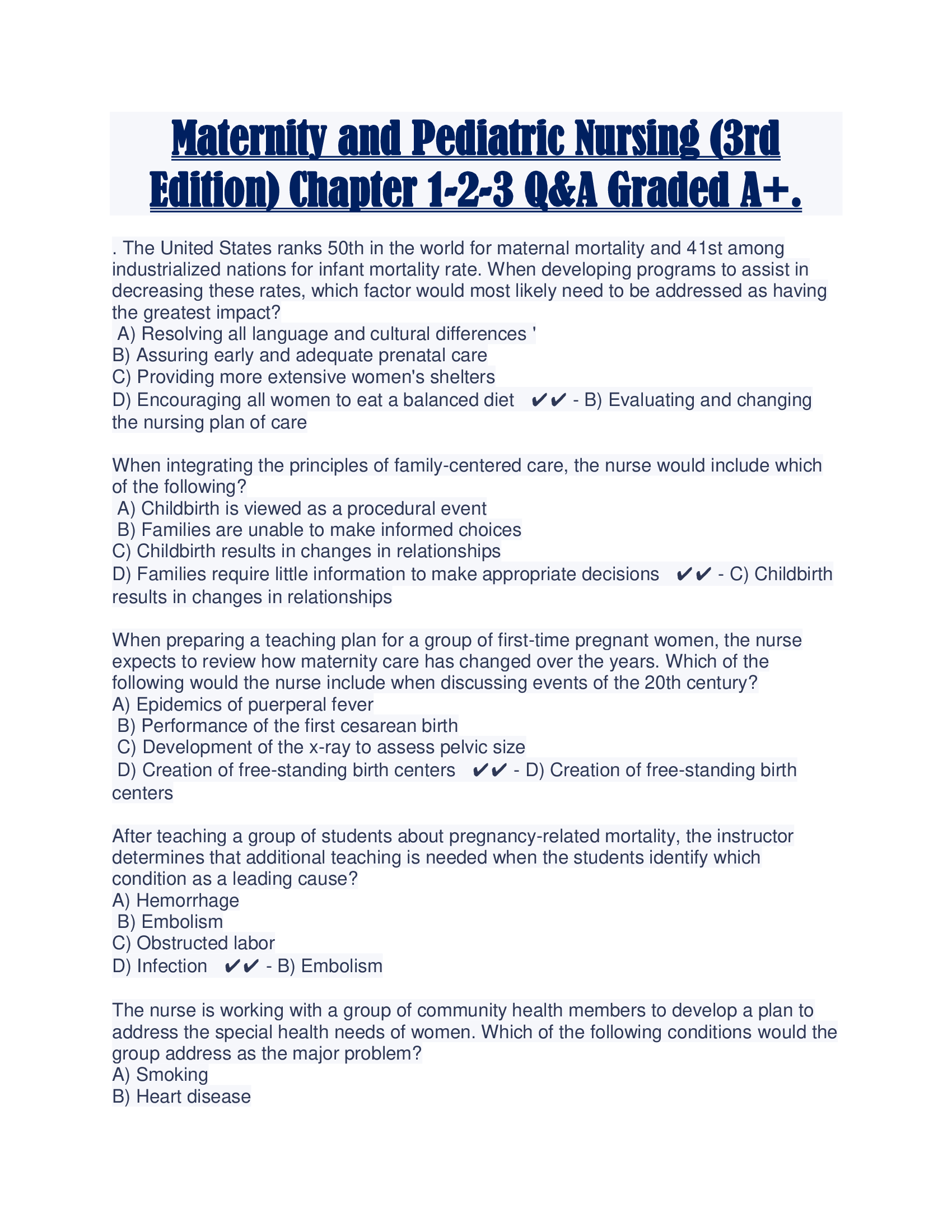 Maternity and Pediatric Nursing (3rd Edition) Chapter 1-2-3 Q&A Graded A+.
