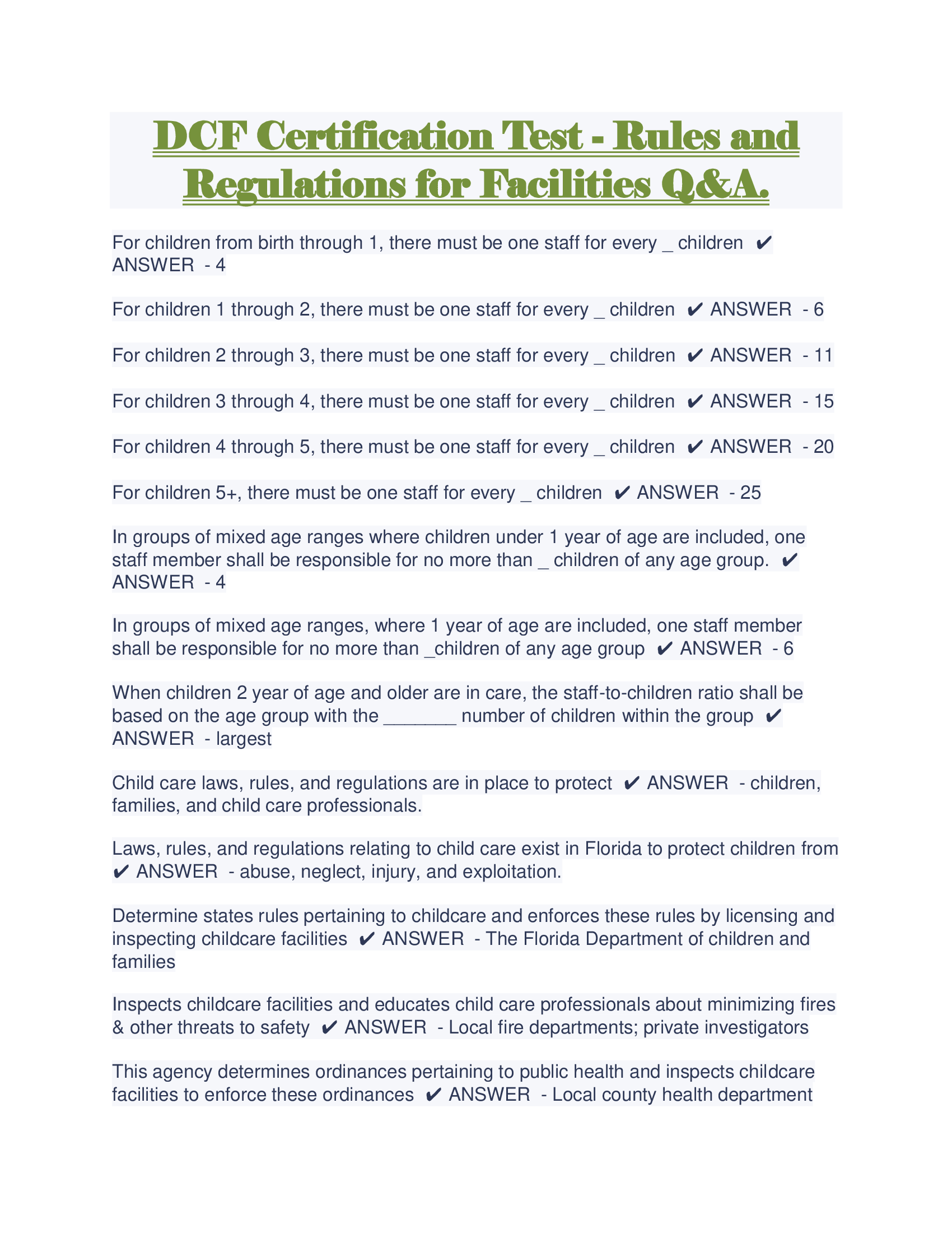 DCF Certification Test - Rules and Regulations for Facilities Q&A.