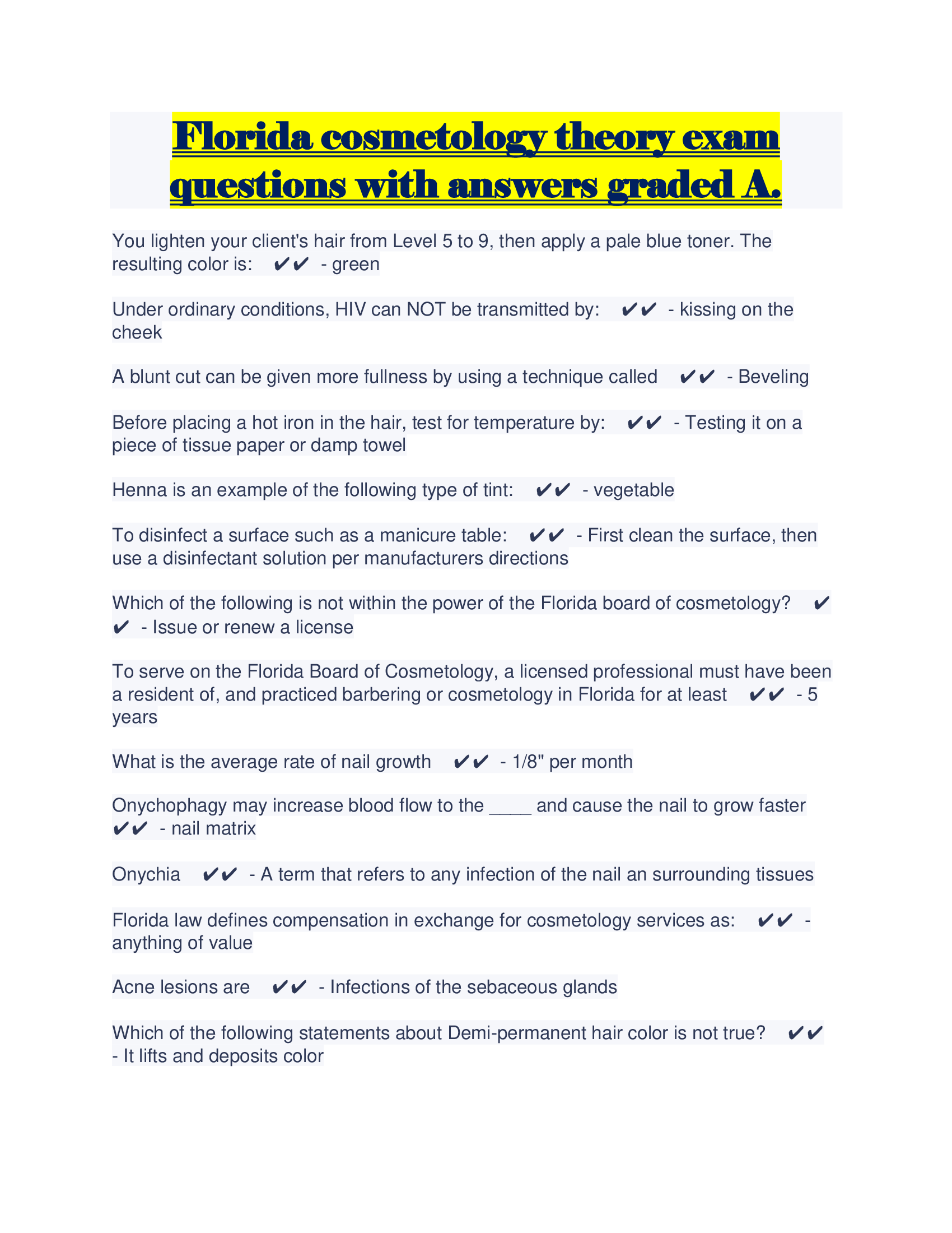 Florida cosmetology theory exam questions with answers graded A.