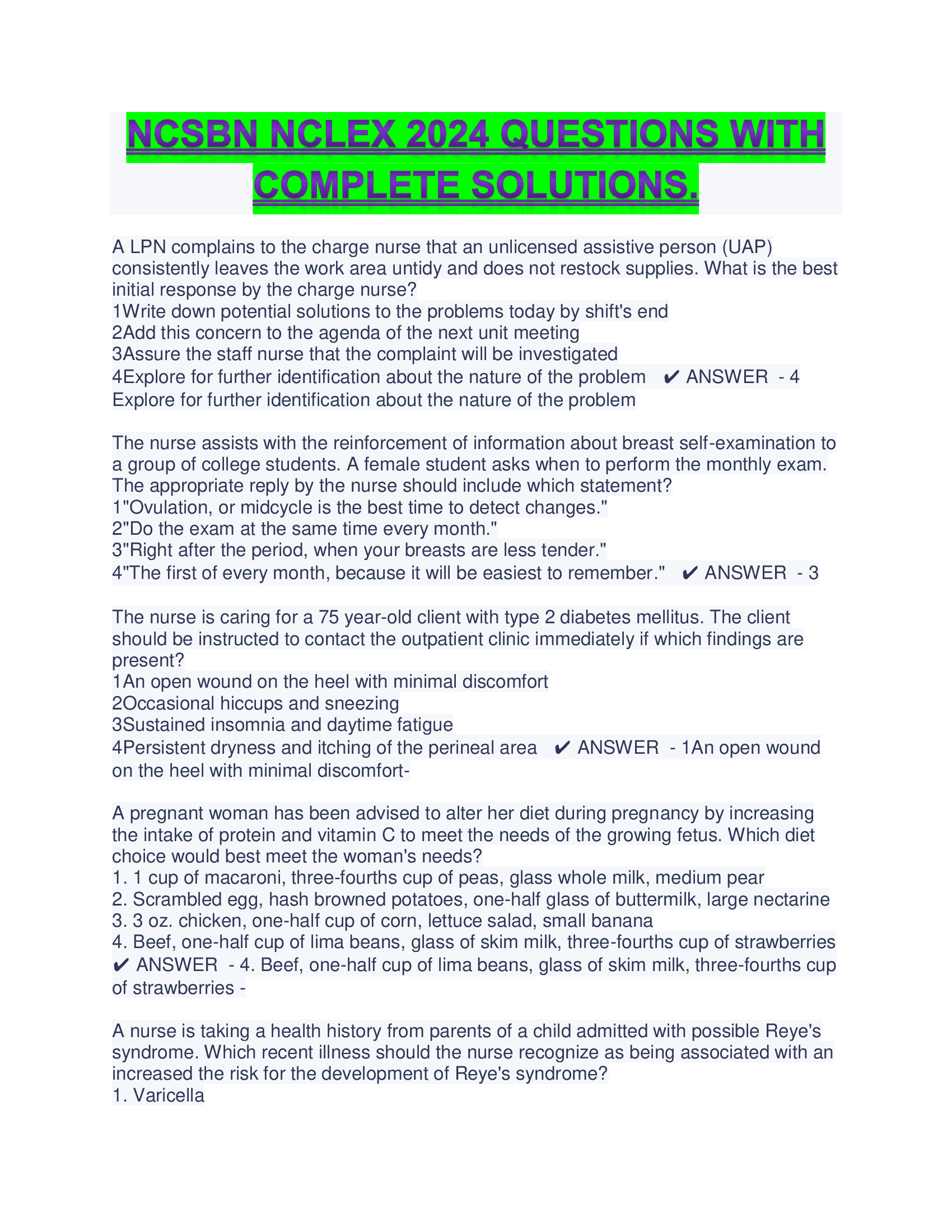 NCSBN NCLEX 2024 QUESTIONS WITH COMPLETE SOLUTIONS.