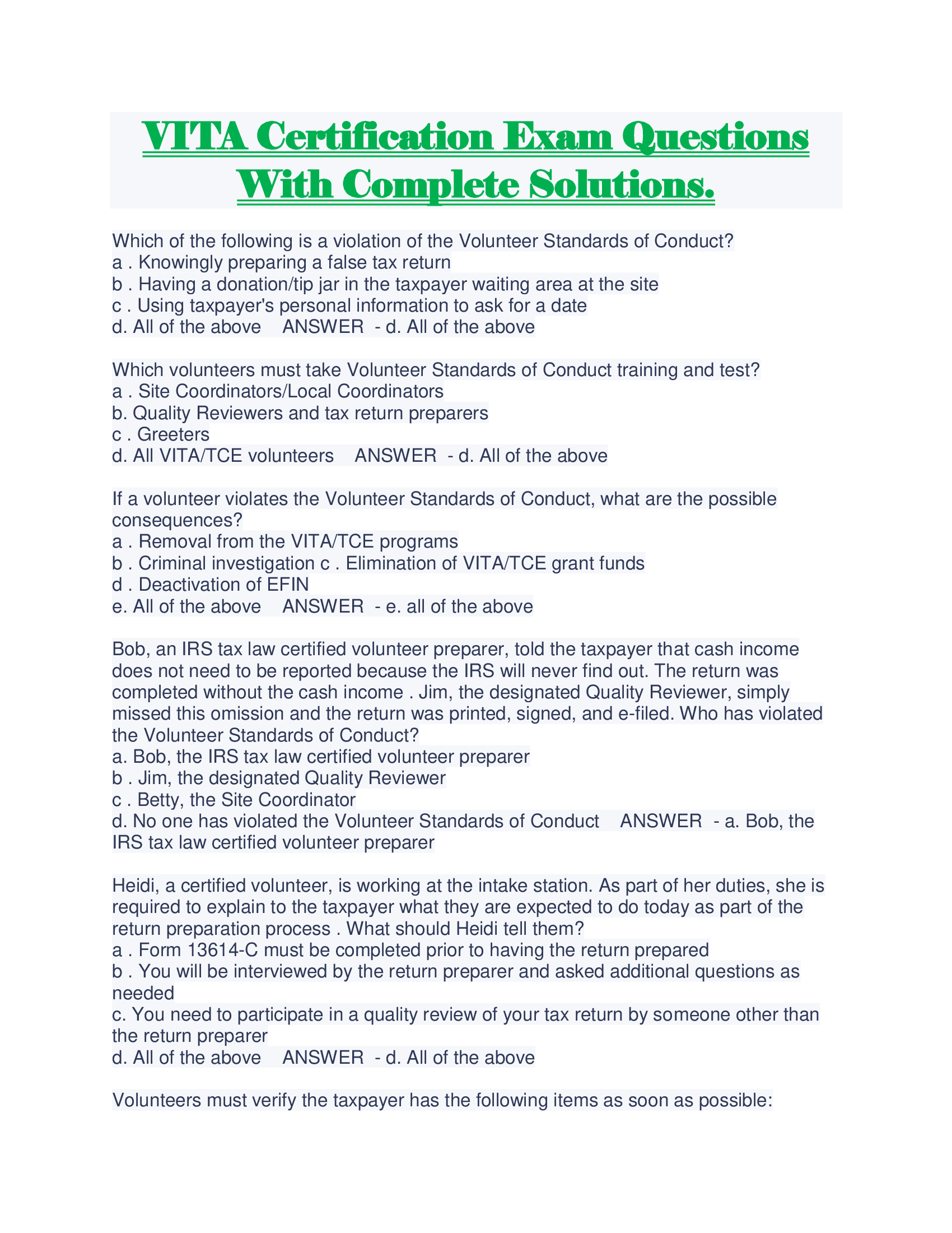 VITA Certification Exam Questions With Complete Solutions.