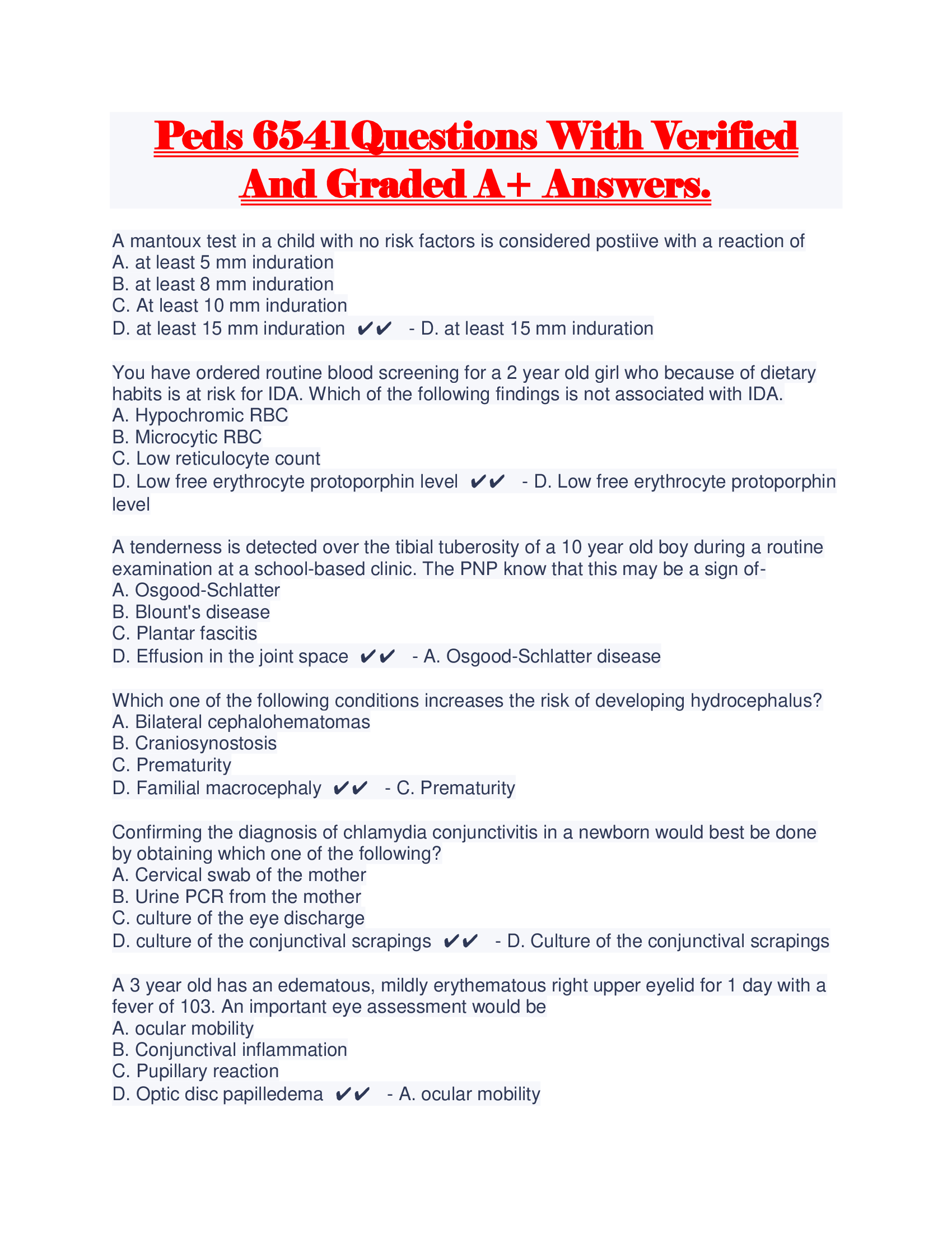 Peds 6541Questions With Verified And Graded A+ Answers.