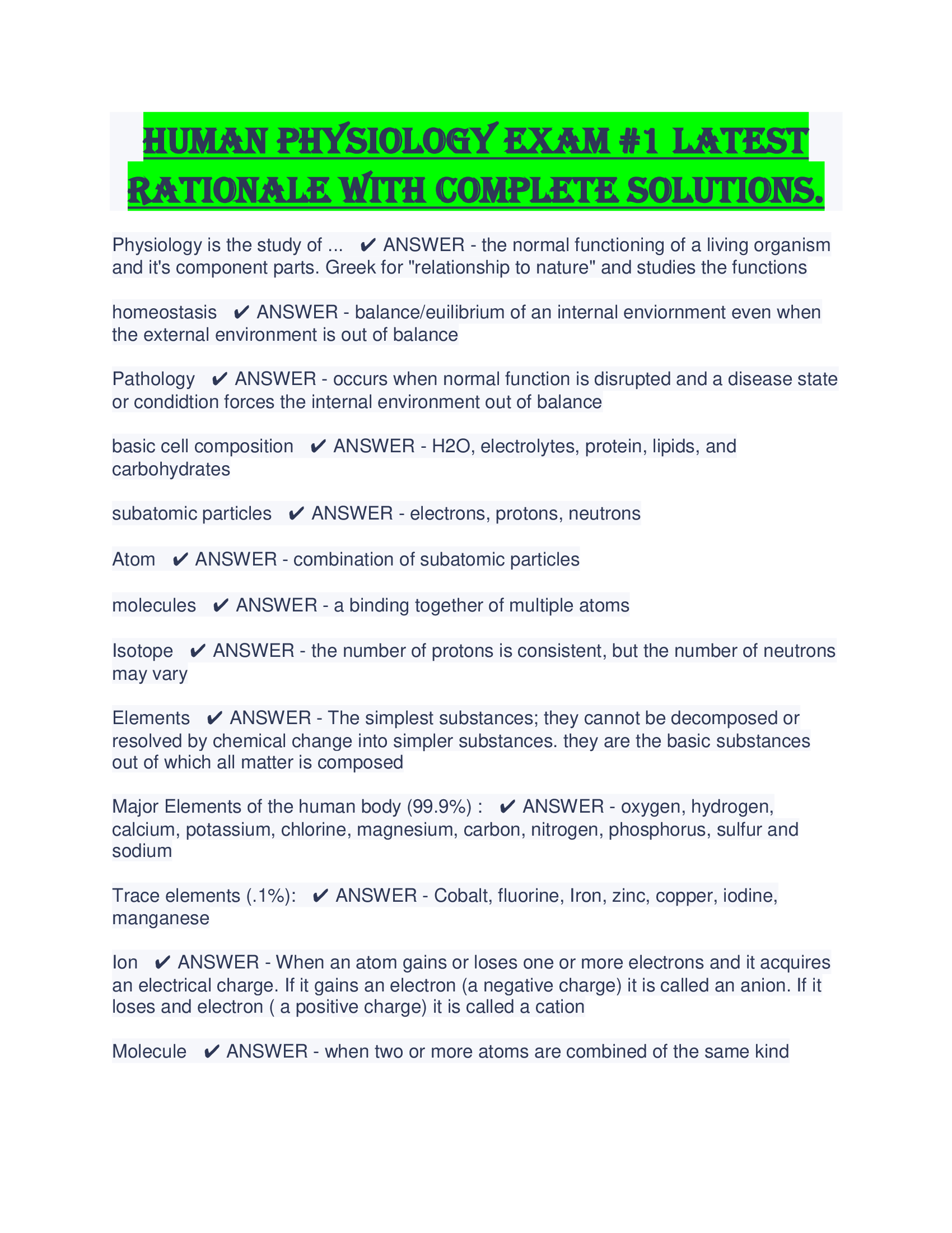 Human Physiology Exam 1 Latest Rationale With Complete Solutions.