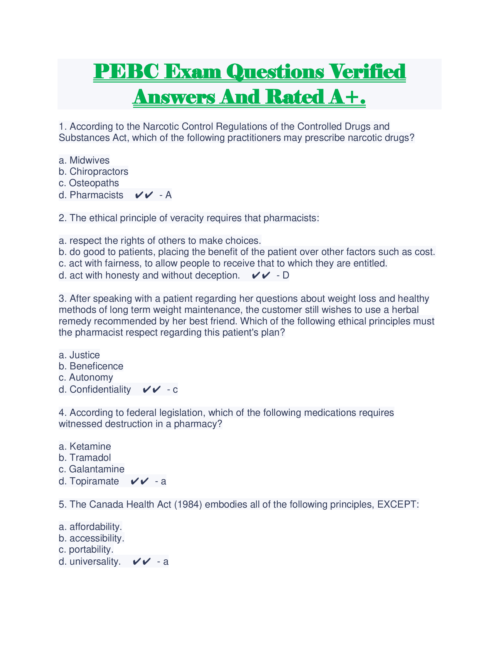 PEBC Exam Questions Verified Answers And Rated A+.