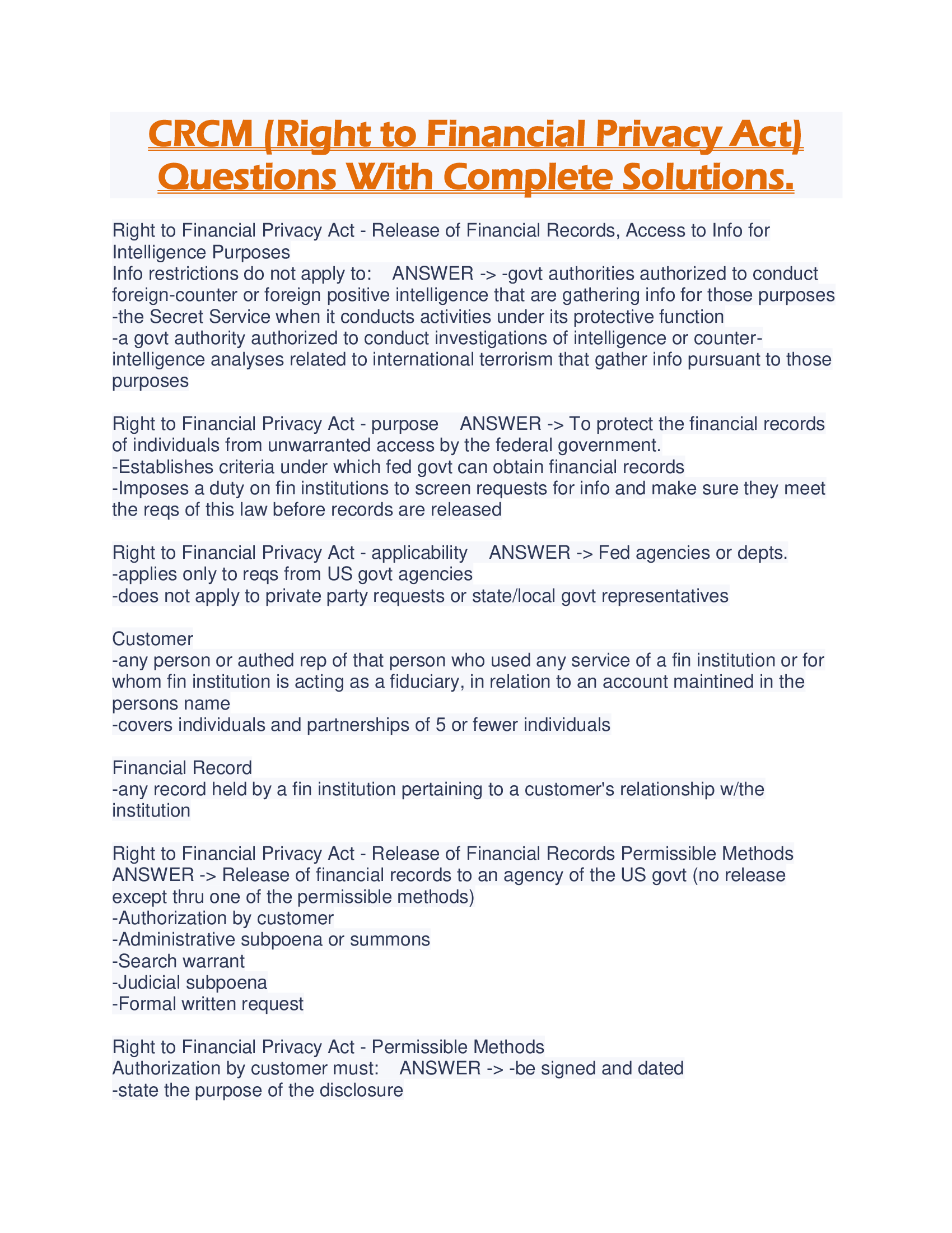 CRCM (Right to Financial Privacy Act) Questions With Complete Solutions.