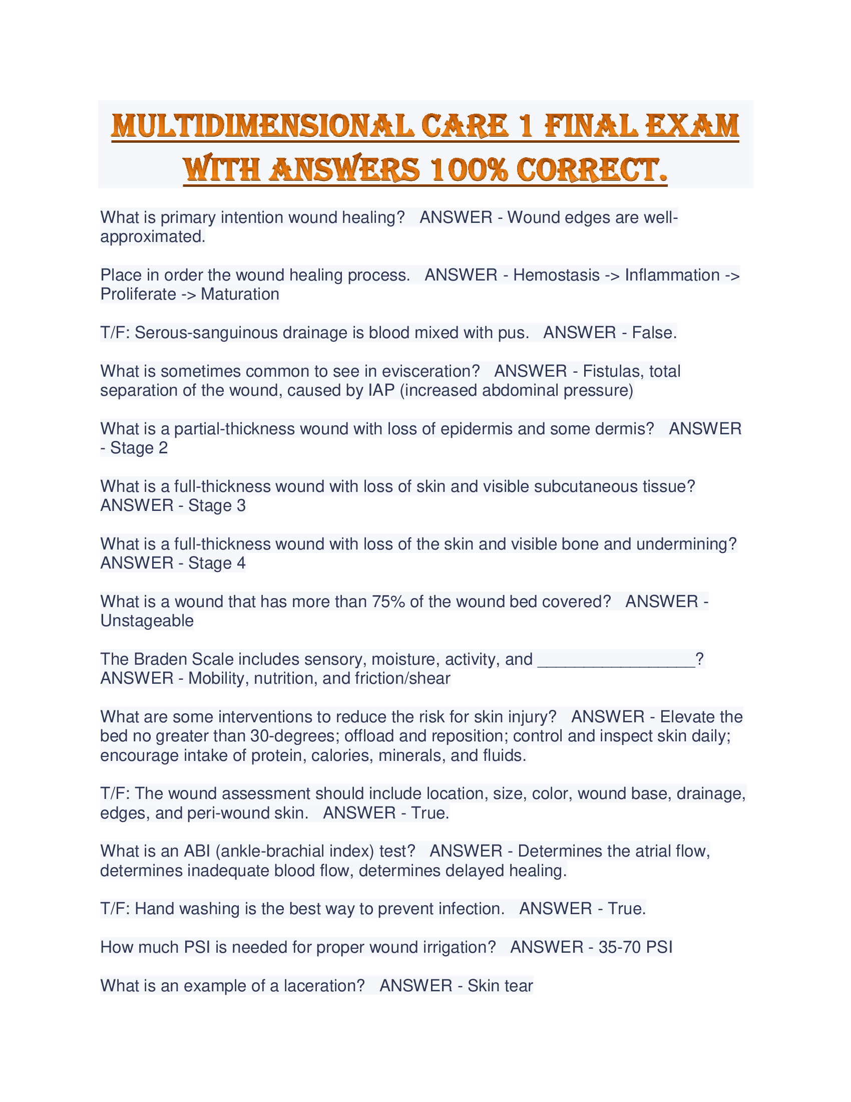 Multidimensional Care 1 Final Exam With Answers 100% Correct.