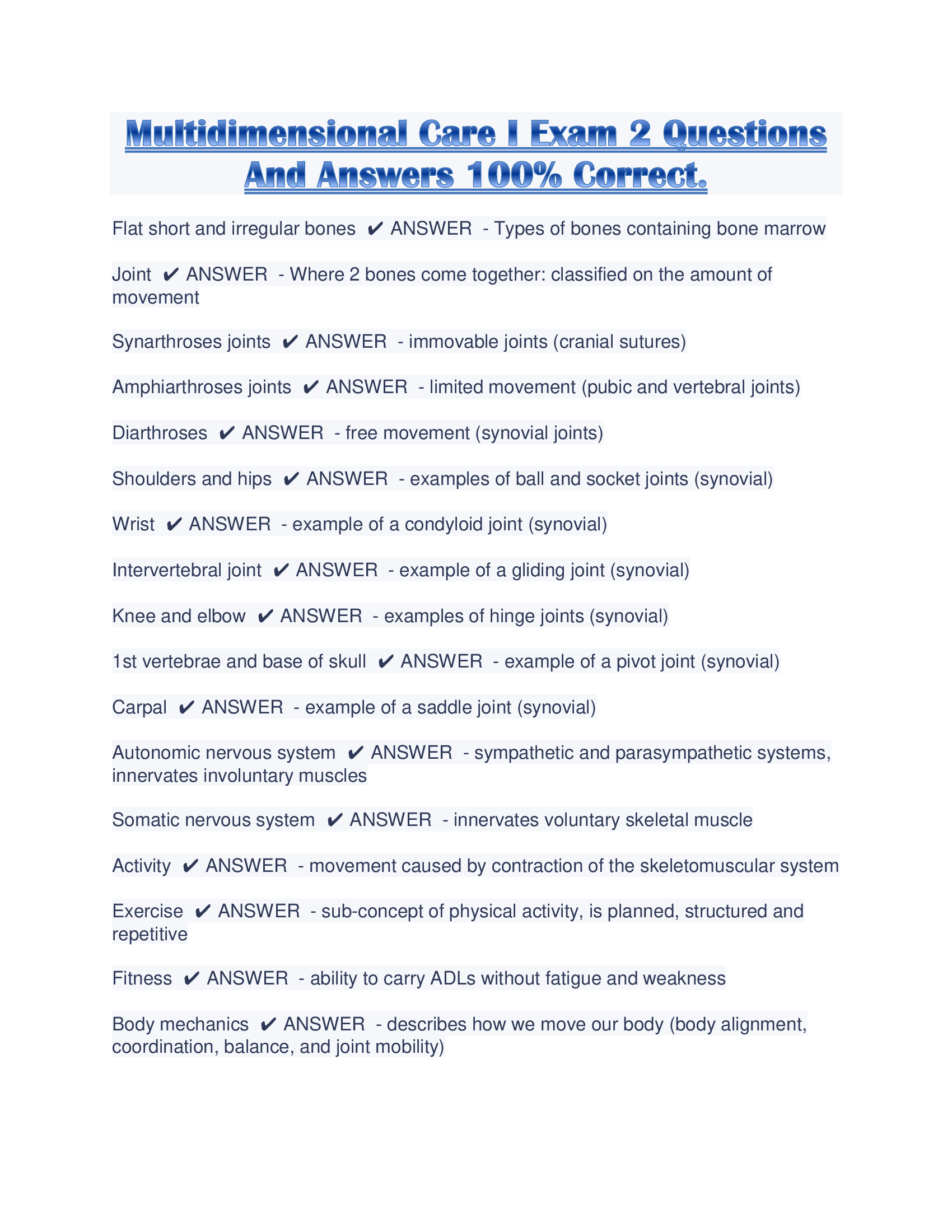 Multidimensional Care I Exam 2 Questions And Answers 100% Correct.