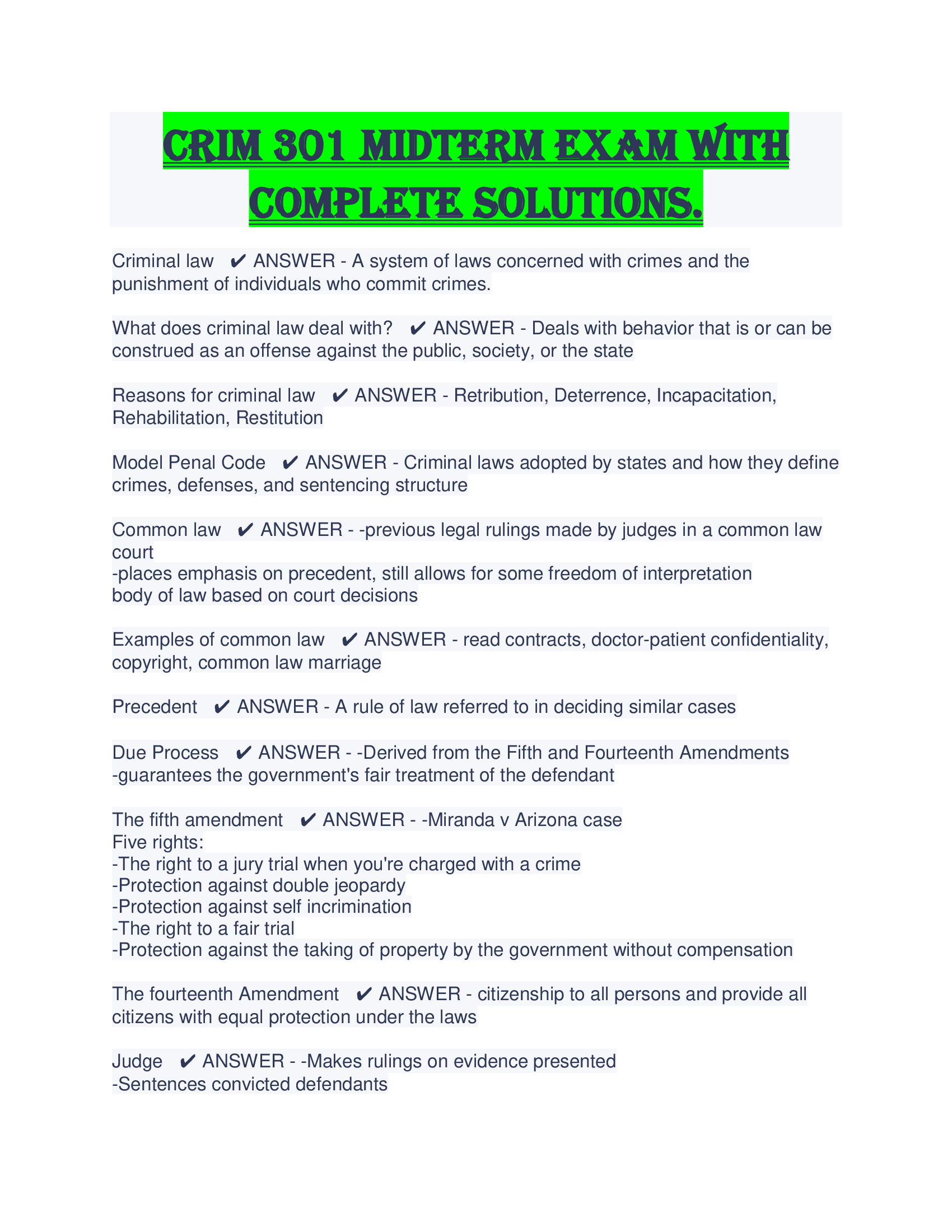 Crim 301 midterm Exam with Complete Solutions.