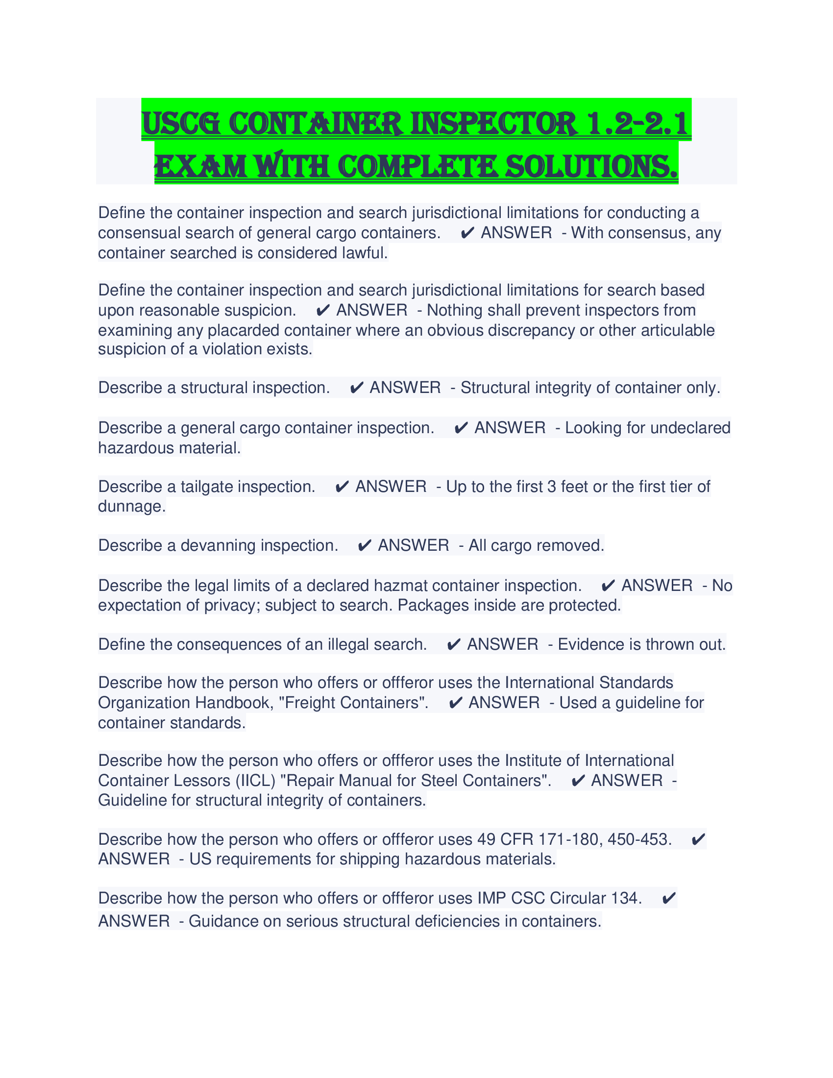 USCG Container Inspector 1.2-2.1 Exam With Complete Solutions.