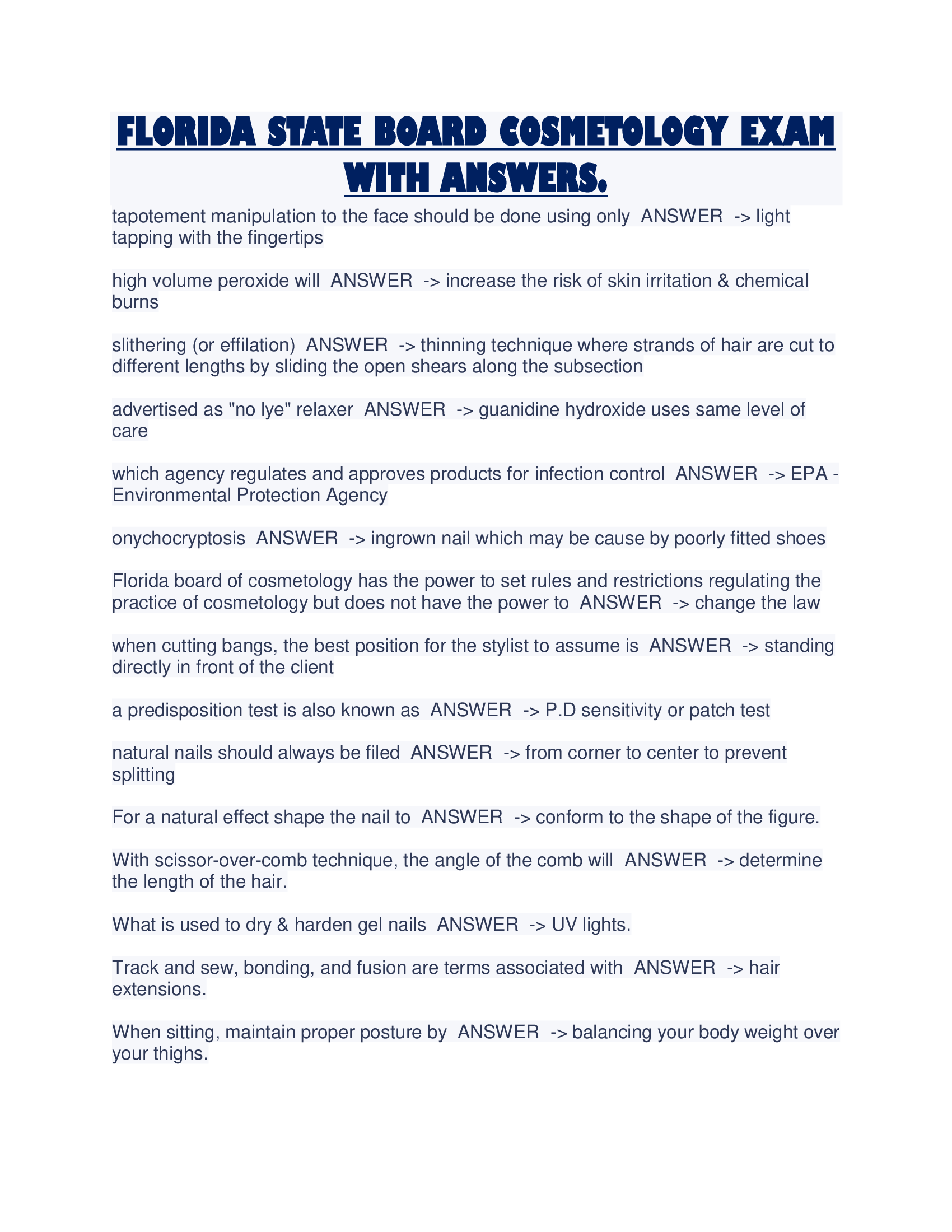 FLORIDA STATE BOARD COSMETOLOGY EXAM WITH ANSWERS.