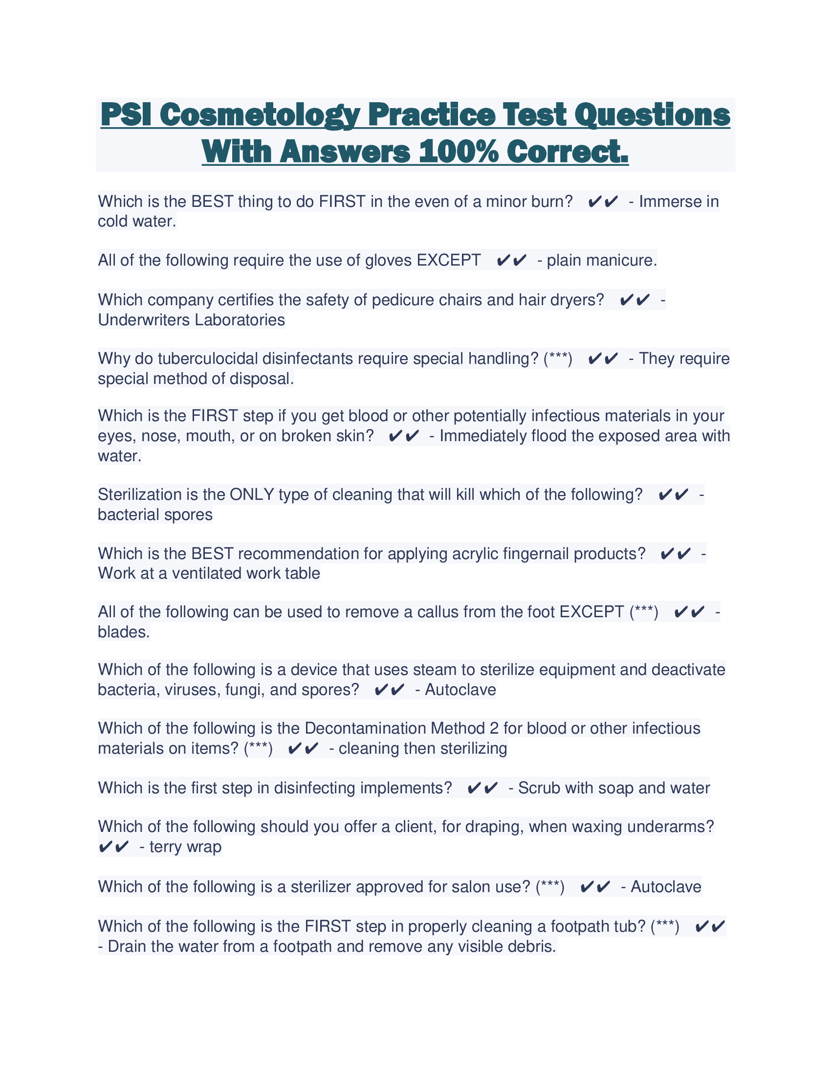 PSI Cosmetology Practice Test Questions With Answers 100% Correct.