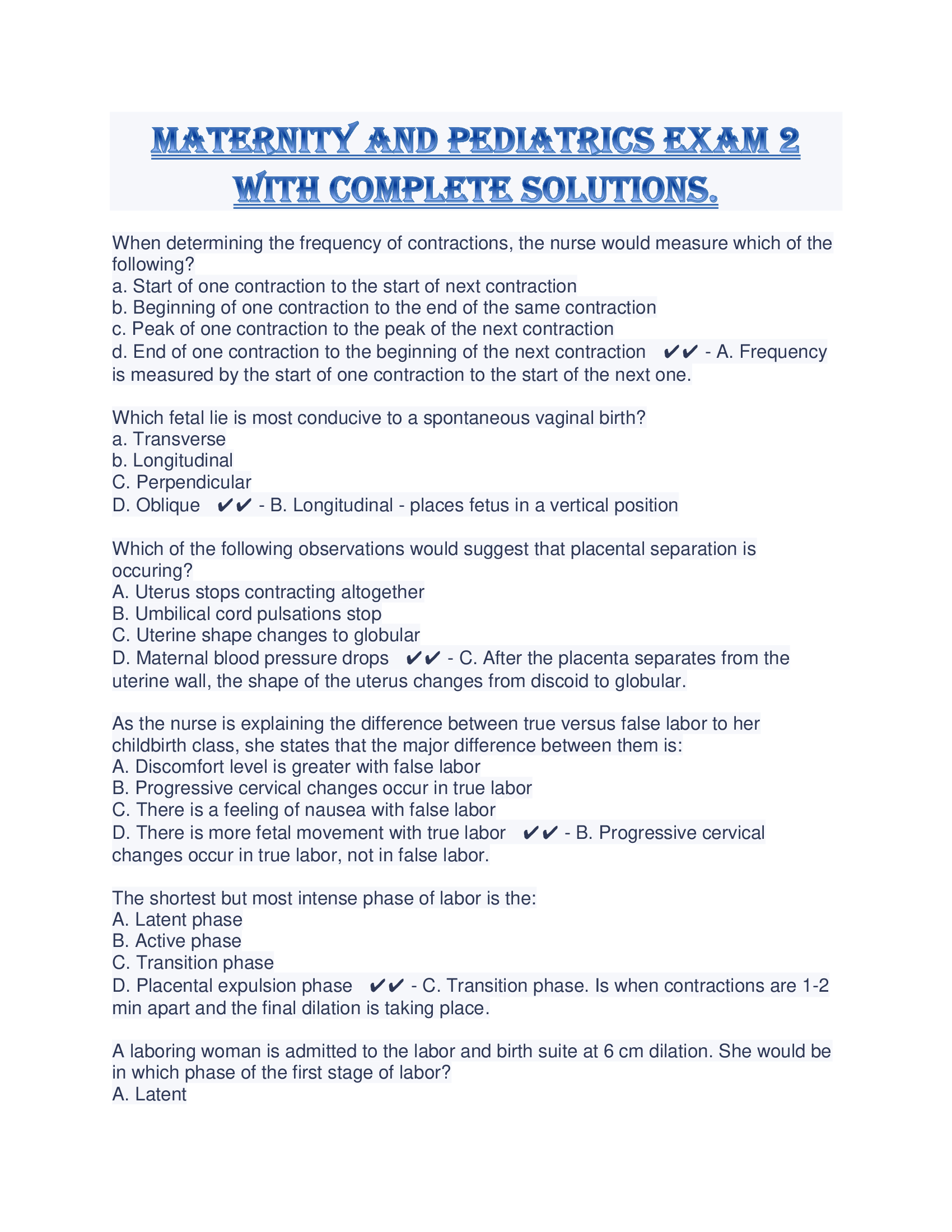 Maternity and Pediatrics Exam 2 With Complete Solutions.