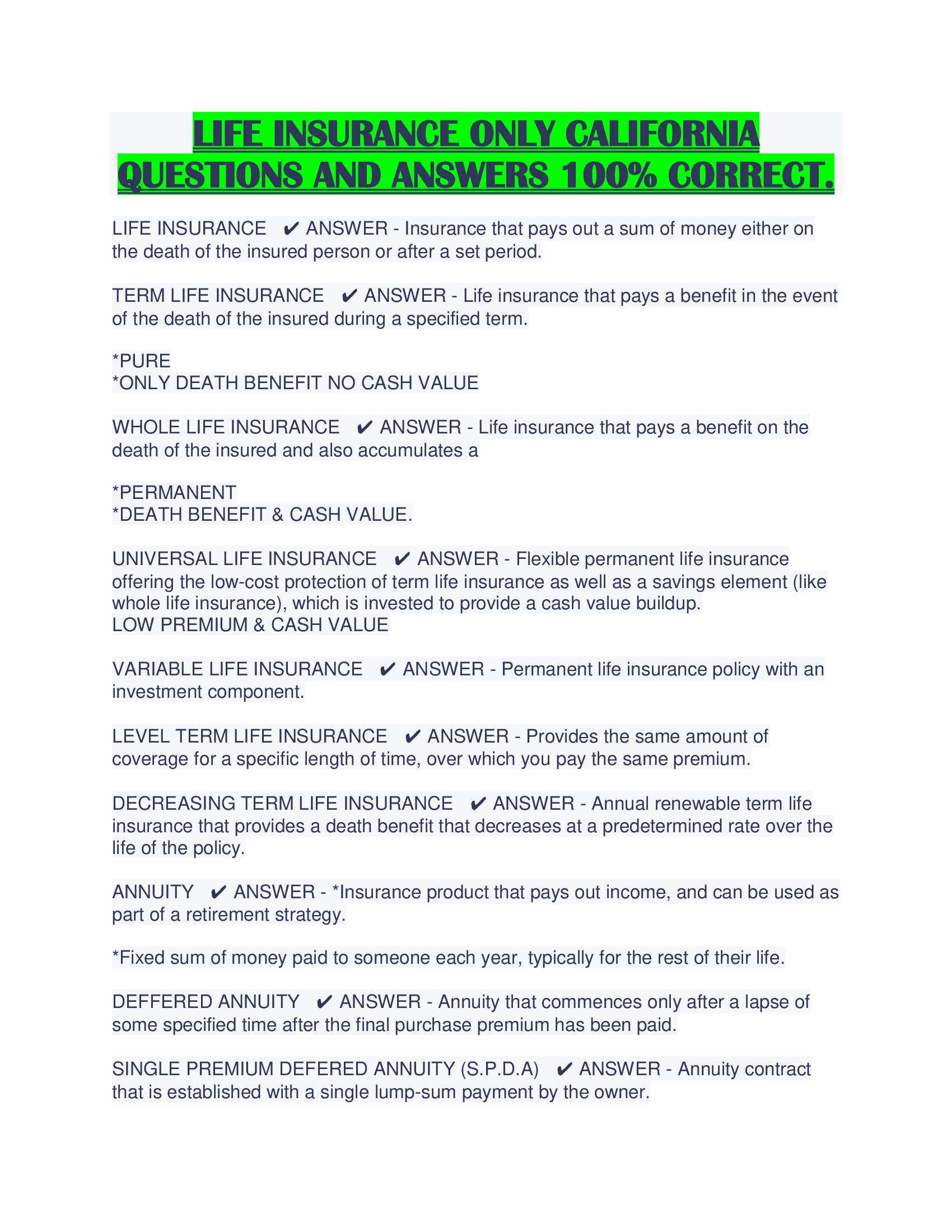 LIFE INSURANCE ONLY CALIFORNIA QUESTIONS AND ANSWERS 100% CORRECT.