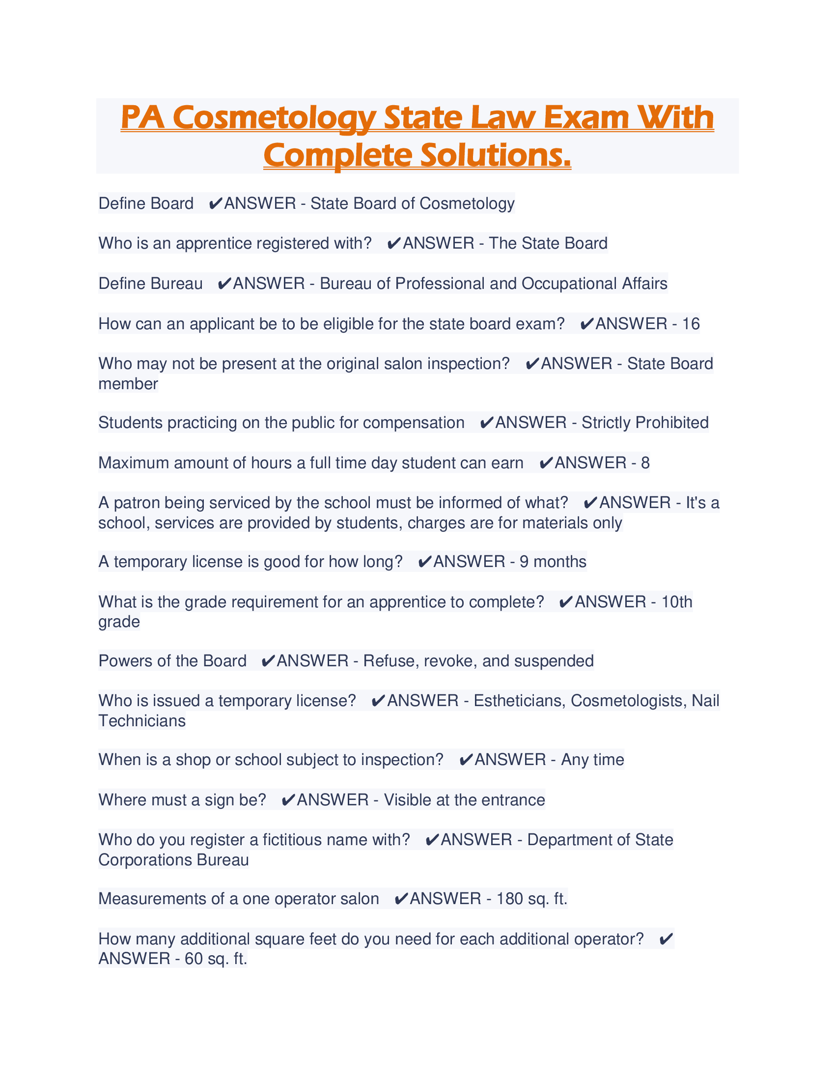 PA Cosmetology State Law Exam With Complete Solutions.