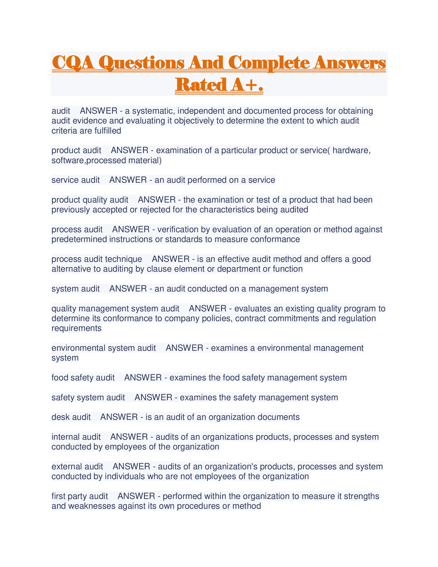 CQA Questions And Complete Answers Rated A+.