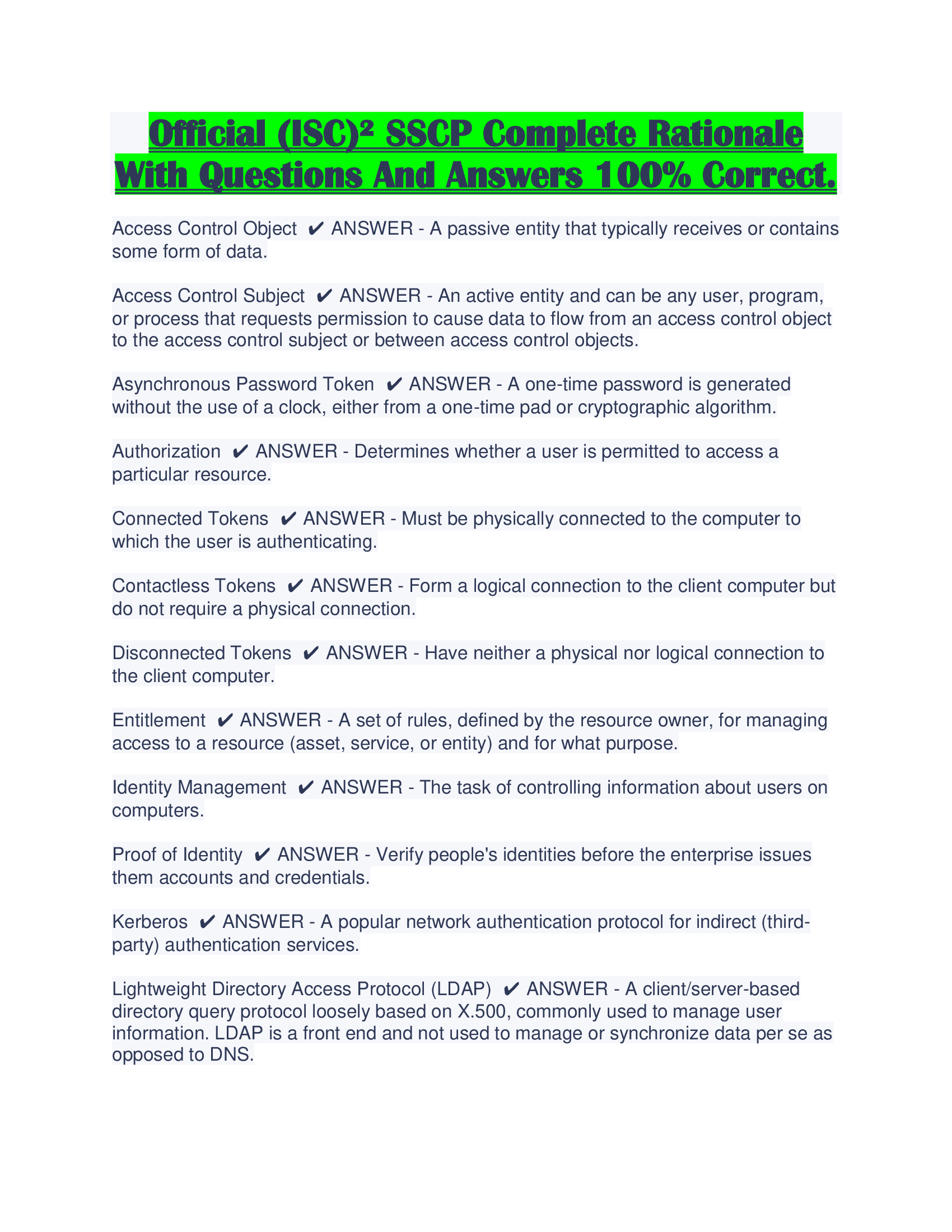 Official (ISC)² SSCP Complete Rationale With Questions And Answers 100% Correct.