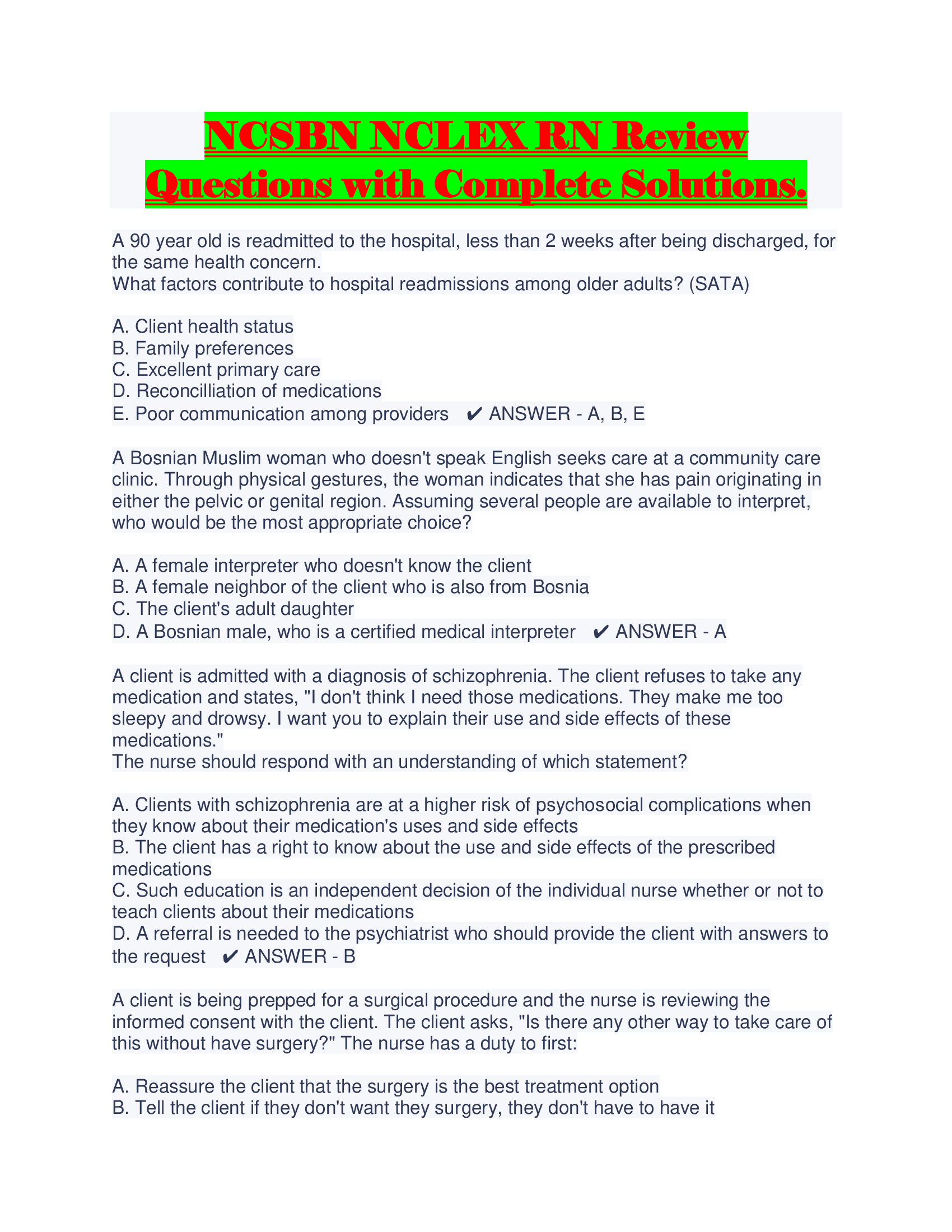 NCSBN NCLEX RN Review Questions with Complete Solutions.