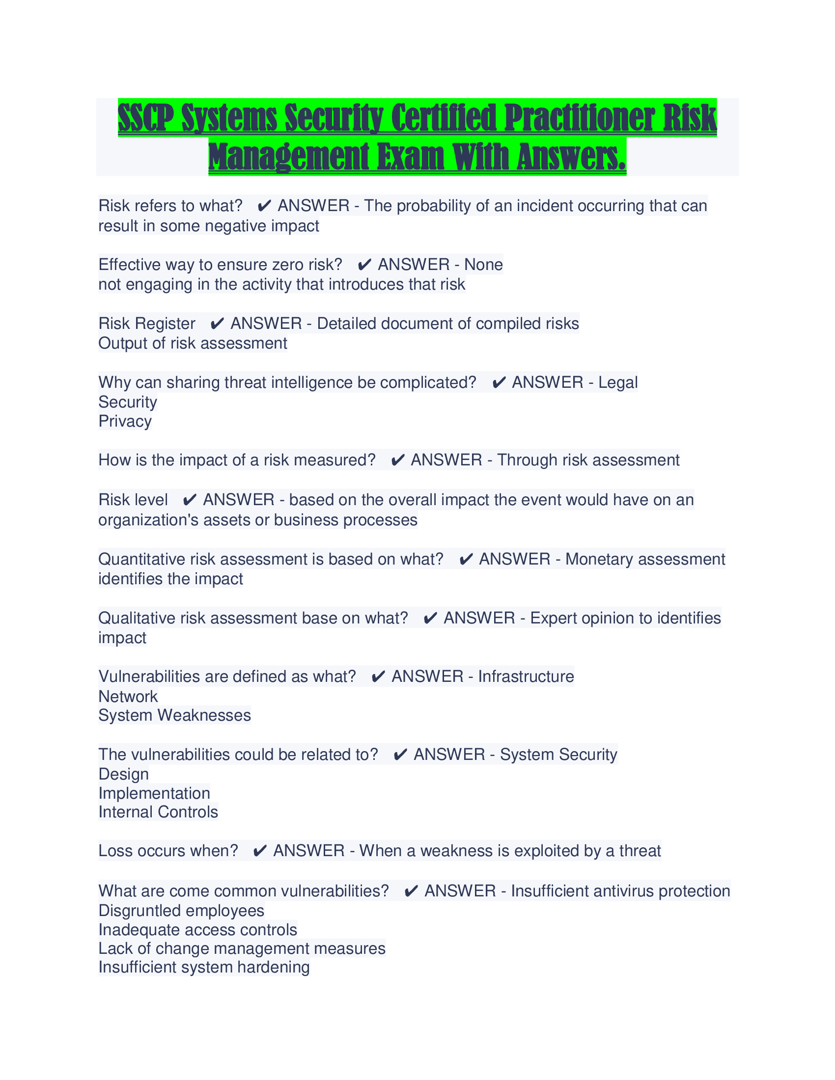 SSCP Systems Security Certified Practitioner Risk Management Exam With Answers.