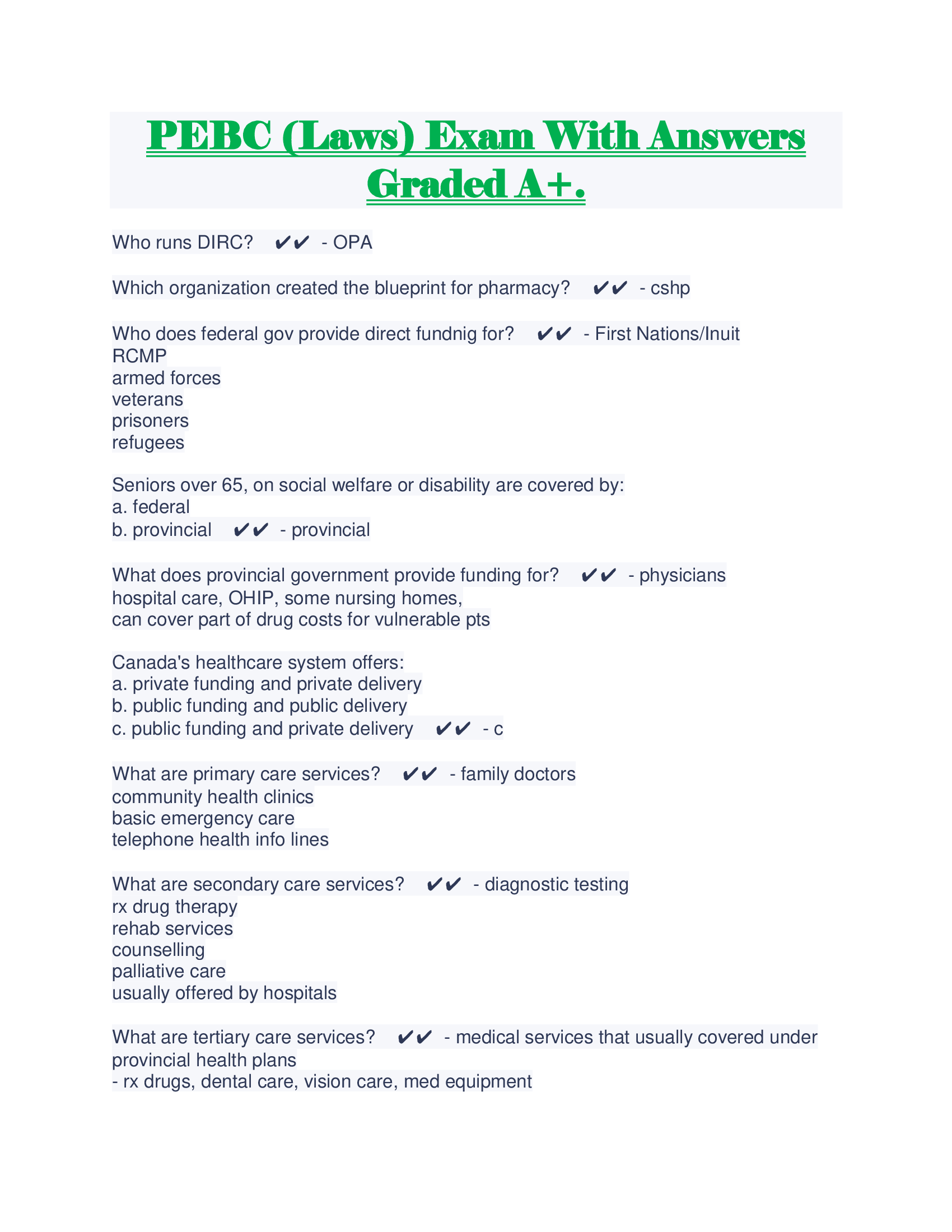 PEBC (Laws) Exam With Answers Graded A+.