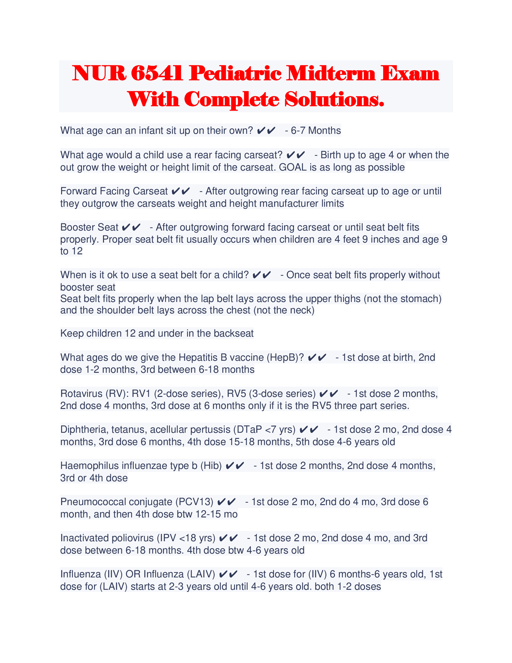 NUR 6541 Pediatric Midterm Exam With Complete Solutions.
