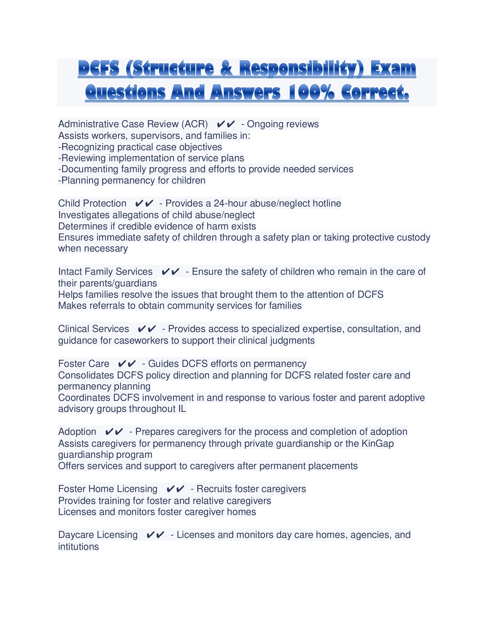 DCFS (Structure & Responsibility) Exam Questions And Answers 100% Correct.