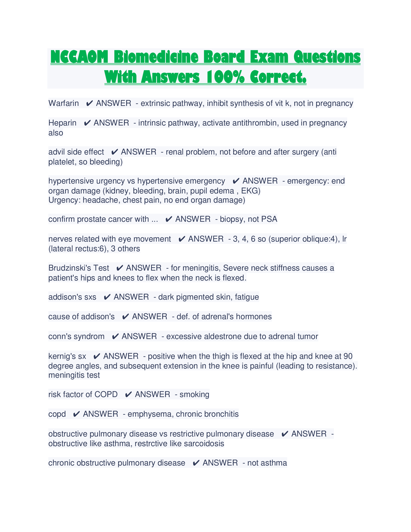 NCCAOM Biomedicine Board Exam Questions With Answers 100% Correct.