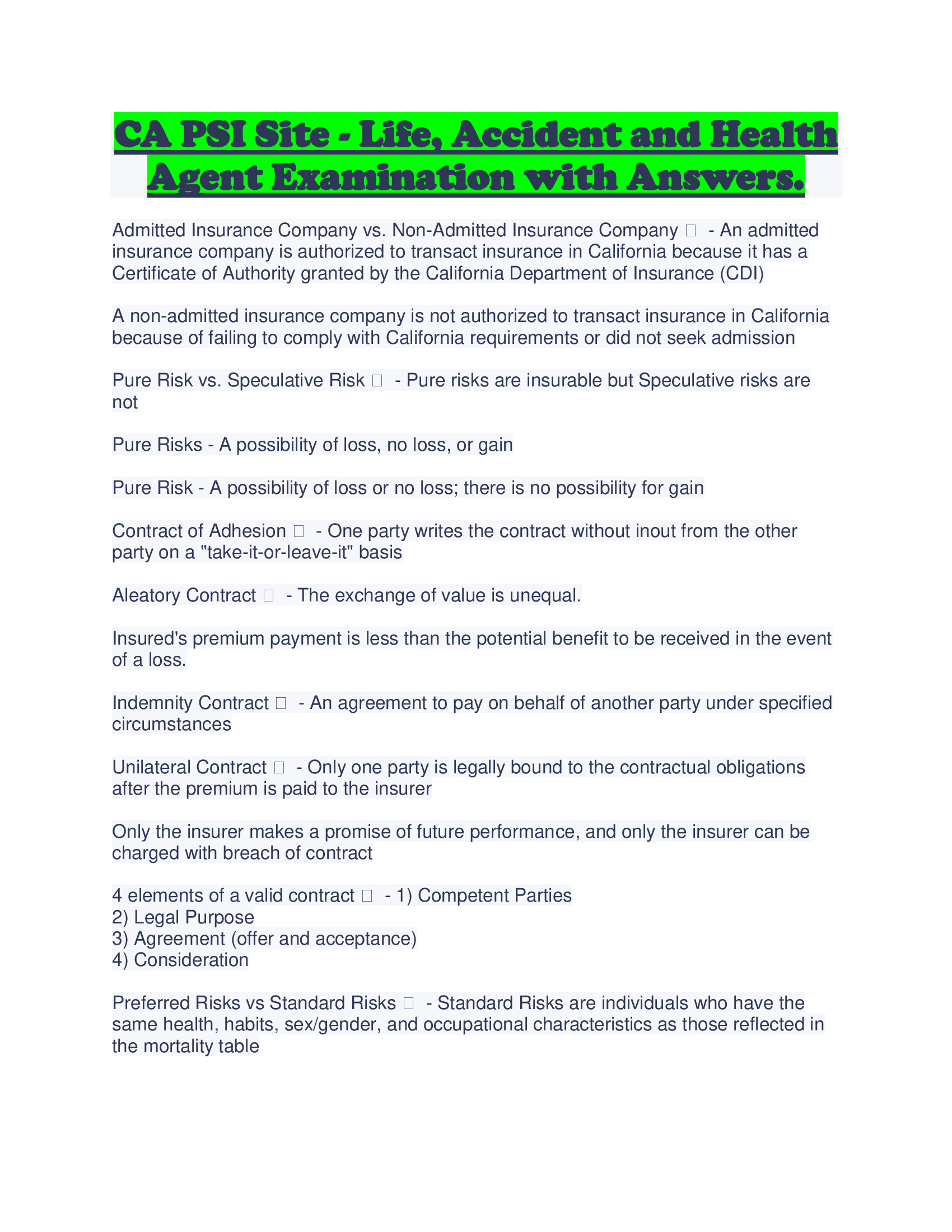 CA PSI Site - Life, Accident and Health Agent Examination with Answers.