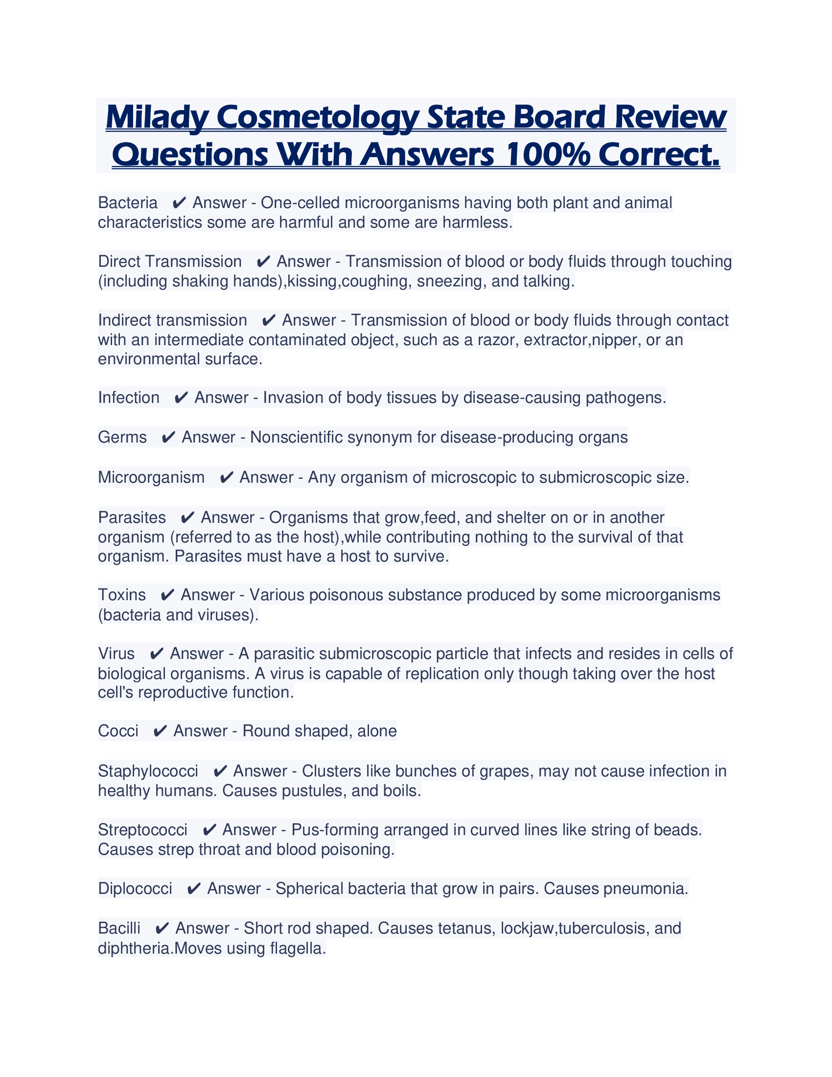 Milady Cosmetology State Board Review Questions With Answers 100% Correct.