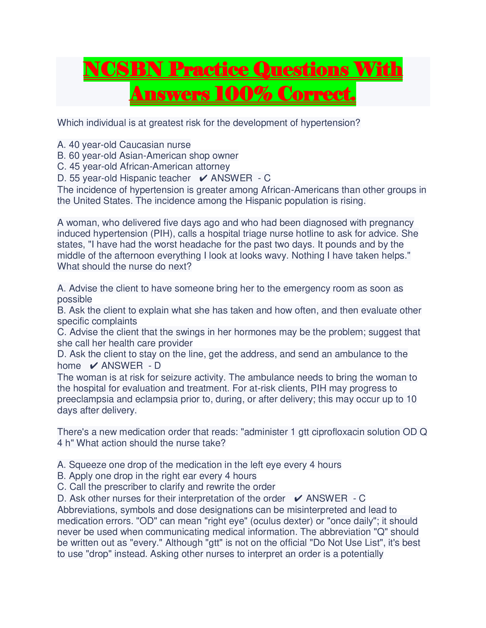 NCSBN Practice Questions With Answers 100 Percent Correct.