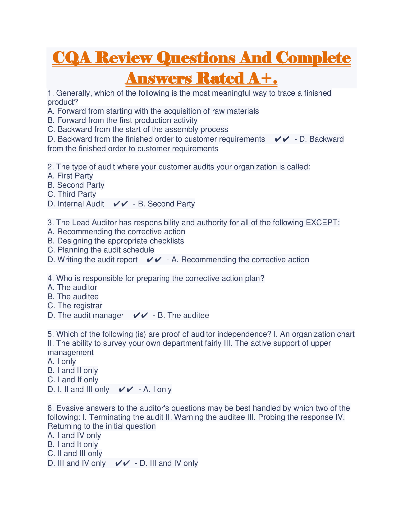 CQA Review Questions And Complete Answers Rated A+.