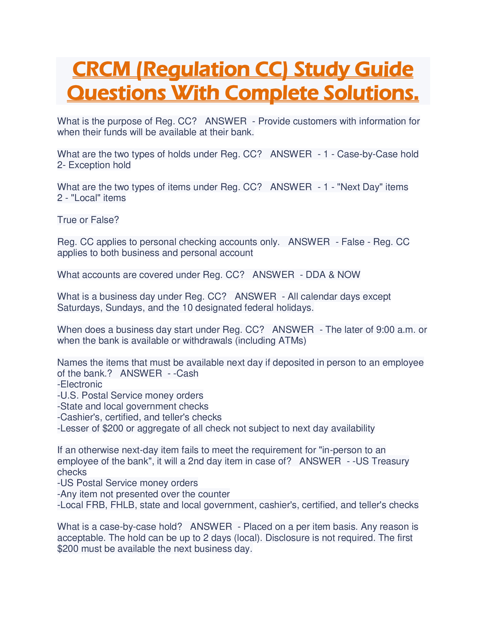 CRCM (Regulation CC) Study Guide Questions With Complete Solutions.
