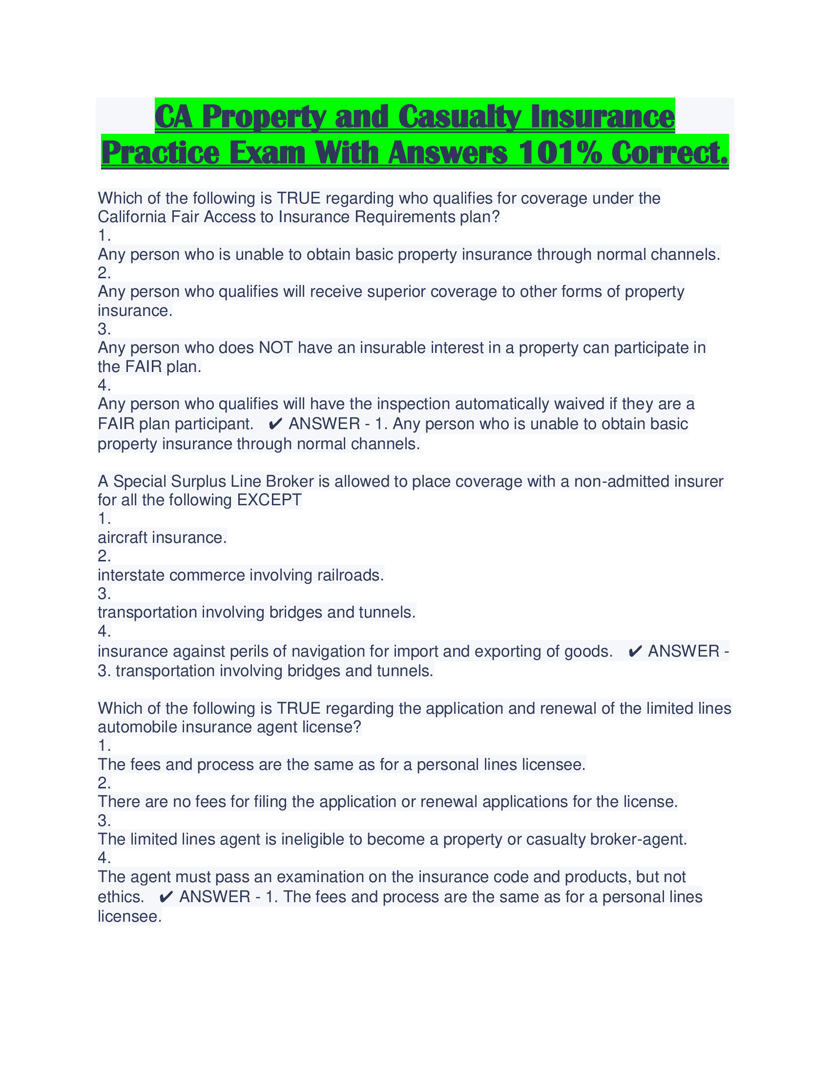 CA Property and Casualty Insurance Practice Exam With Answers 101% Correct.