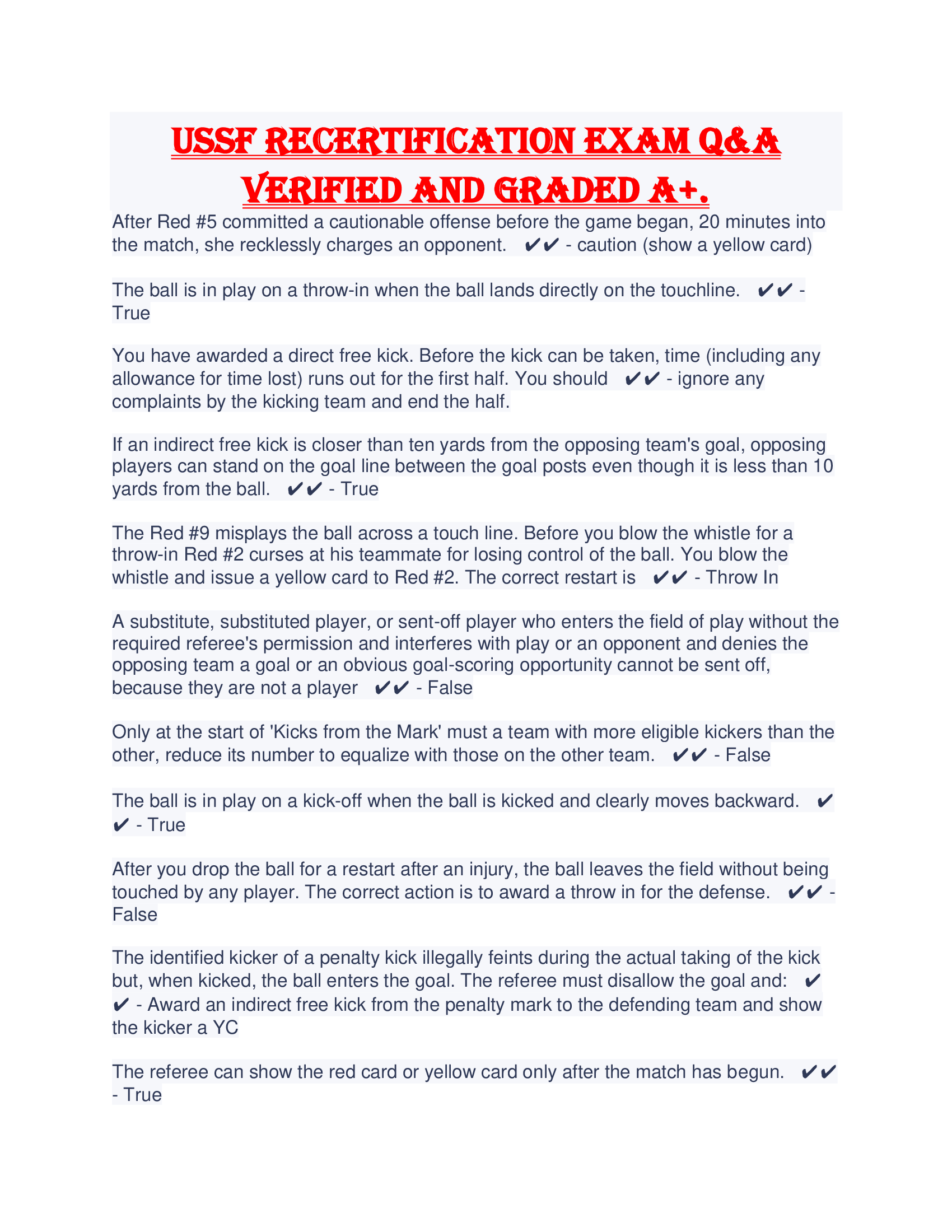 USSF Recertification Exam Q&A Verified And Graded A+.