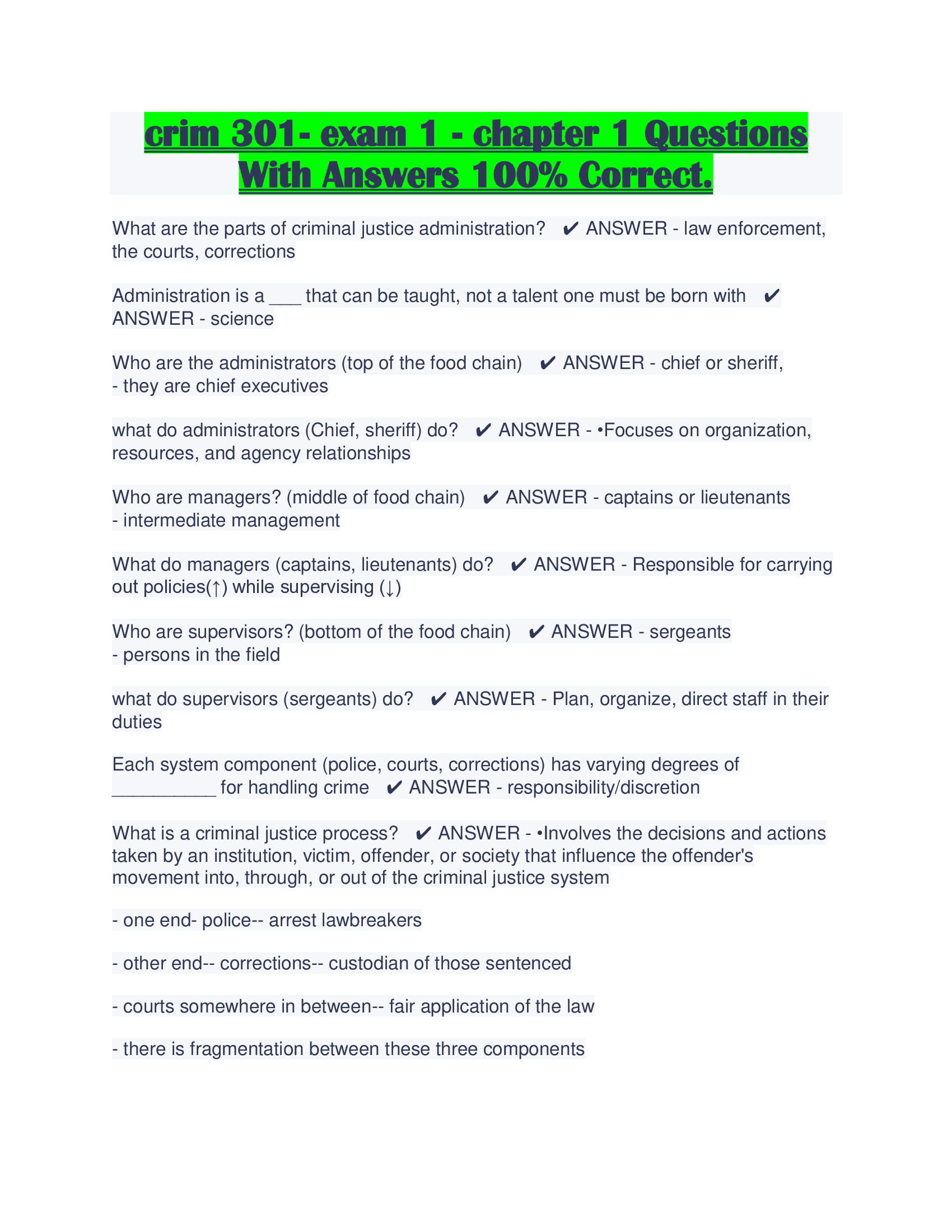 crim 301- exam 1 - chapter 1 Questions With Answers 100% Correct.