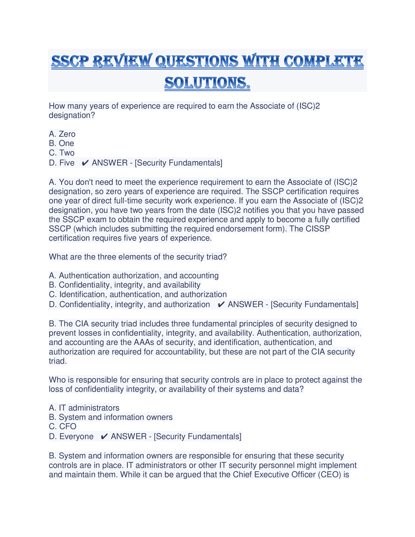 SSCP Review Questions With Complete Solutions.