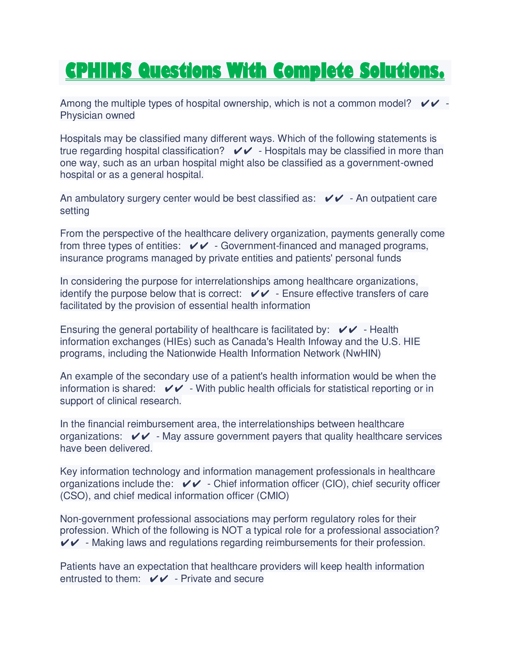 CPHIMS Questions With Complete Solutions.