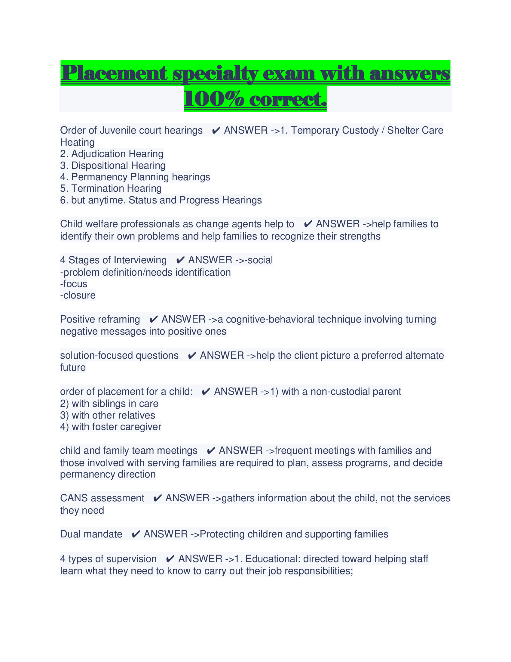Placement specialty exam with answers 100 Percent correct.