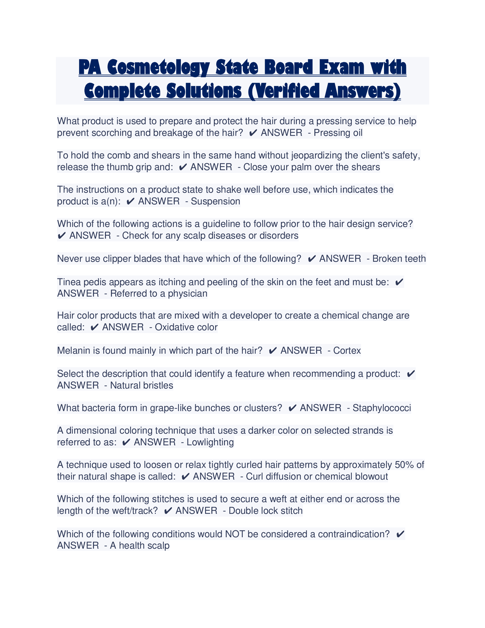 PA Cosmetology State Board Exam with Complete Solutions (Verified Answers)