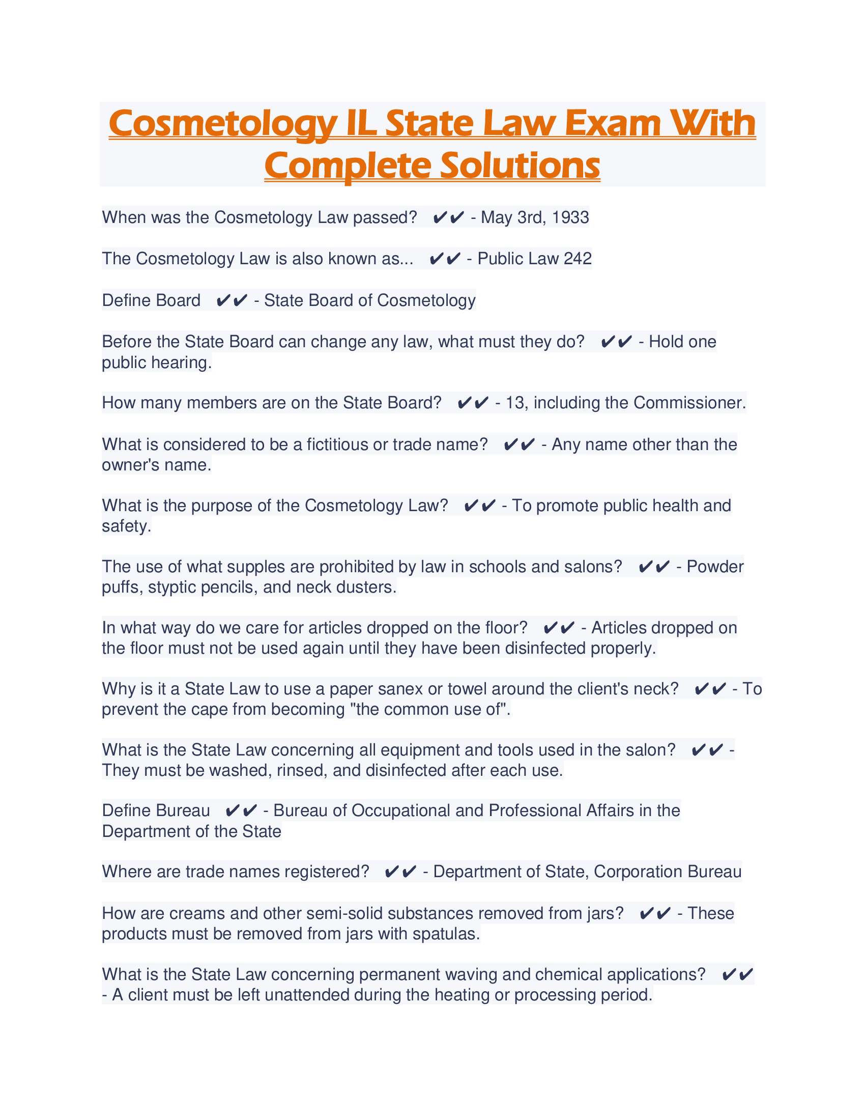 Cosmetology IL State Law Exam With Complete Solutions
