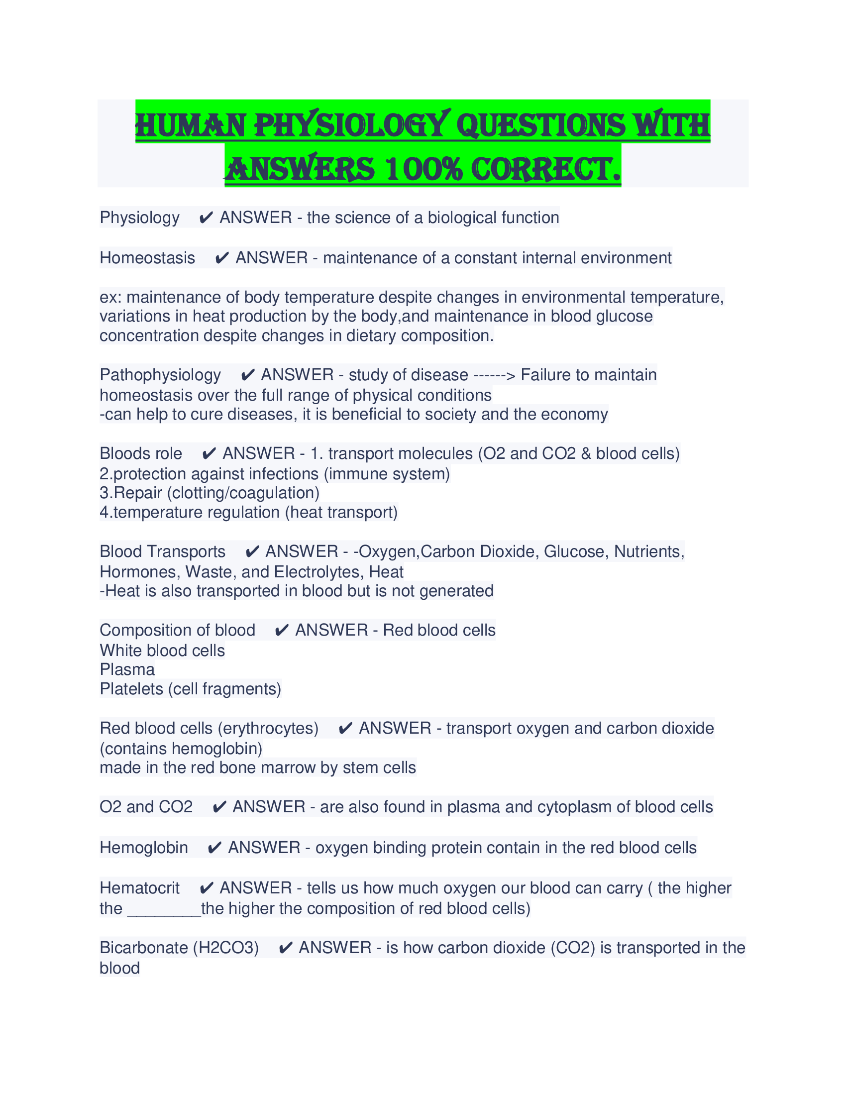 Human Physiology Questions with Answers Correct.