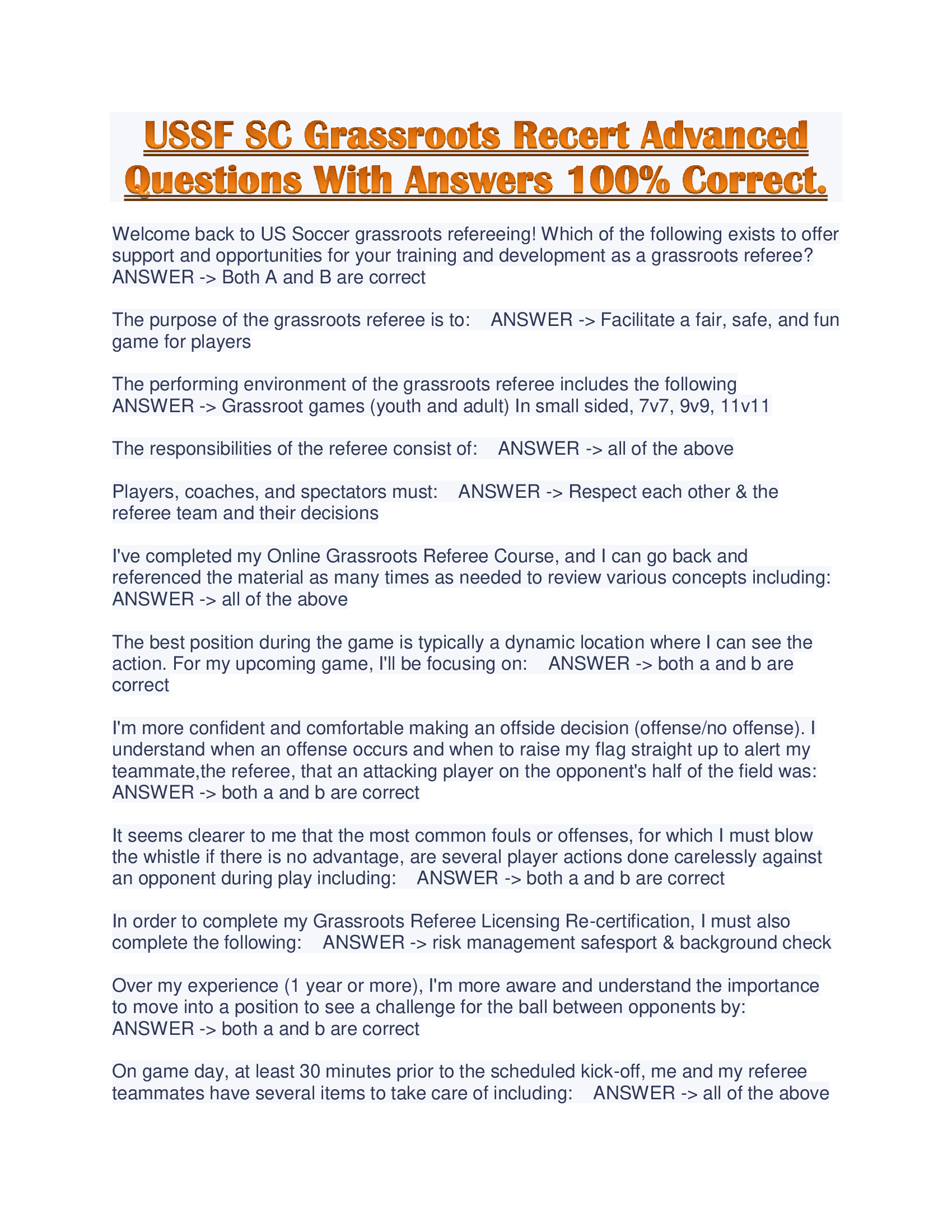 USSF SC Grassroots Recert Advanced Questions With Answers 100% Correct.