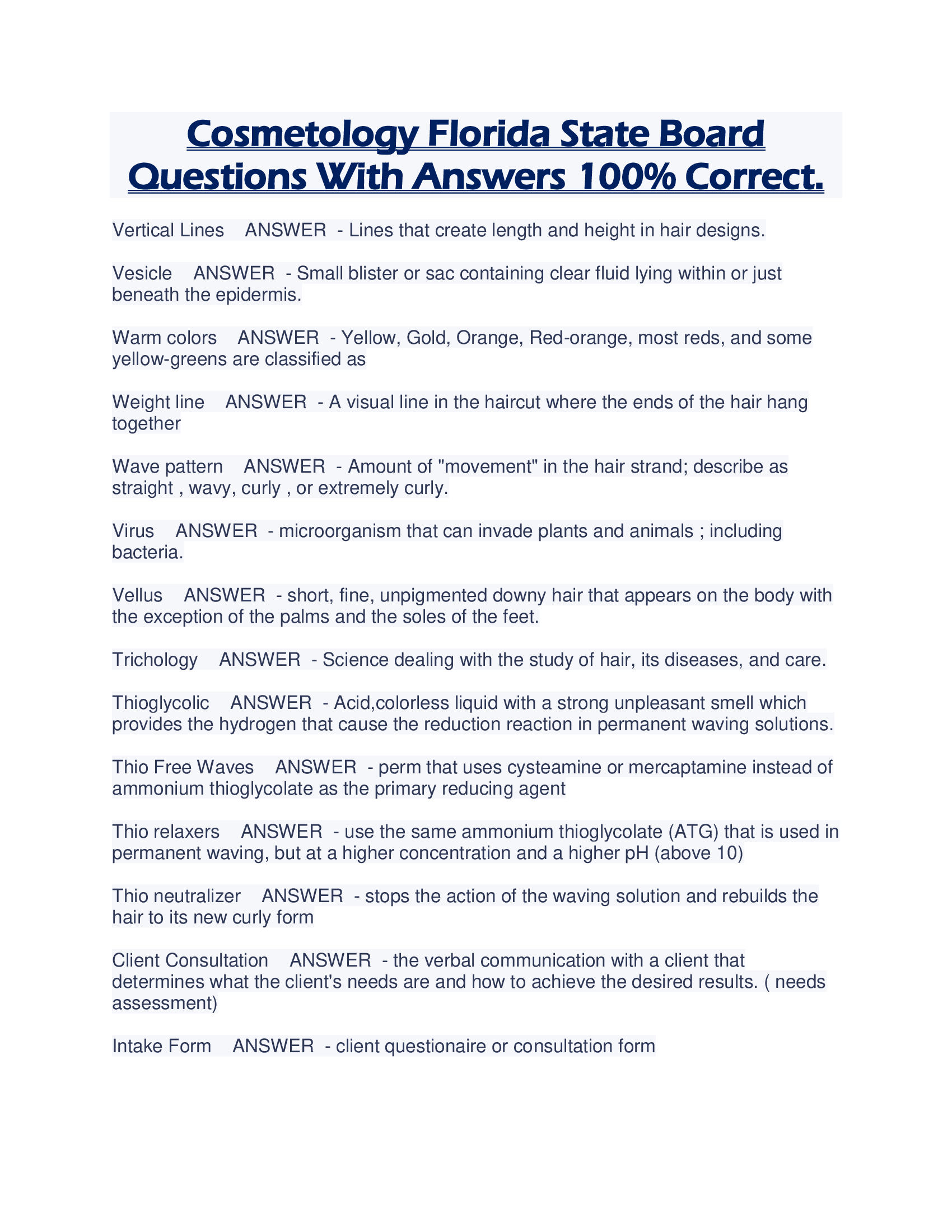 Cosmetology Florida State Board Questions With Answers 100% Correct.